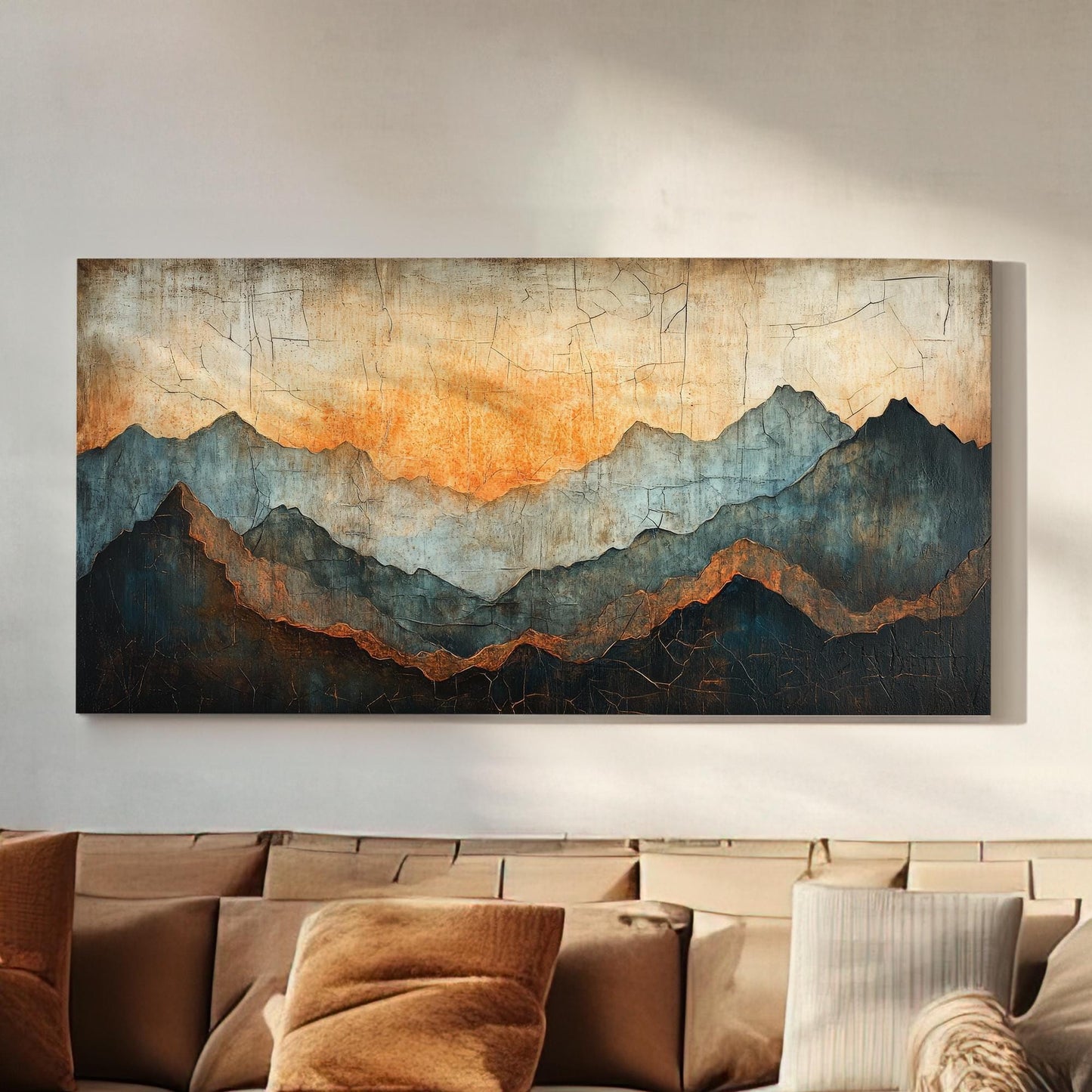 Serene Sunset Mountain Range Canvas Art | Impasto Textured Print | Japandi Wall Art For Living Room | Warm Ember Art Horizontal Art