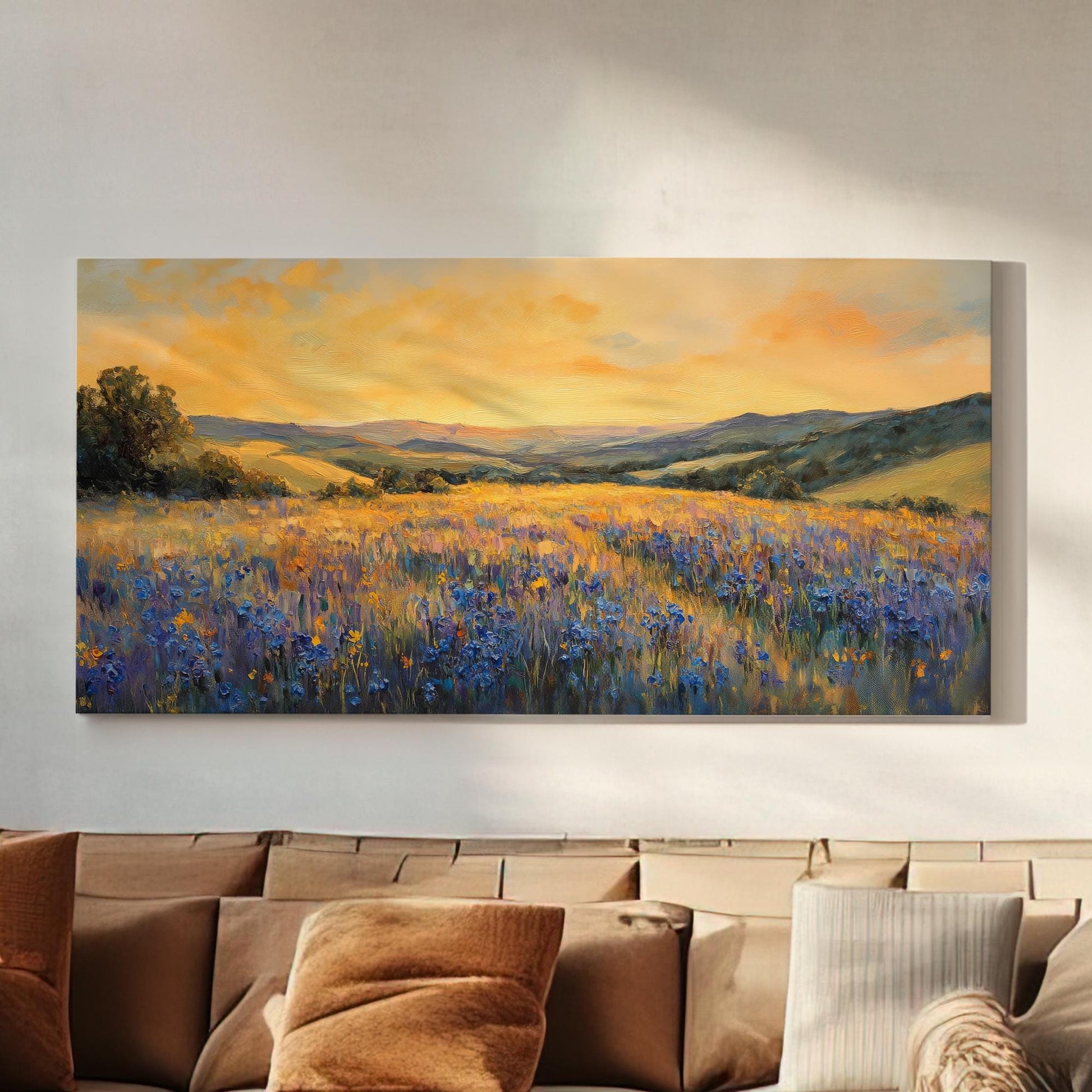 Serene Sunset Meadow Canvas Art | Impasto Impressionism Print | Transitional Wall Art For Living Room Horizontal Art