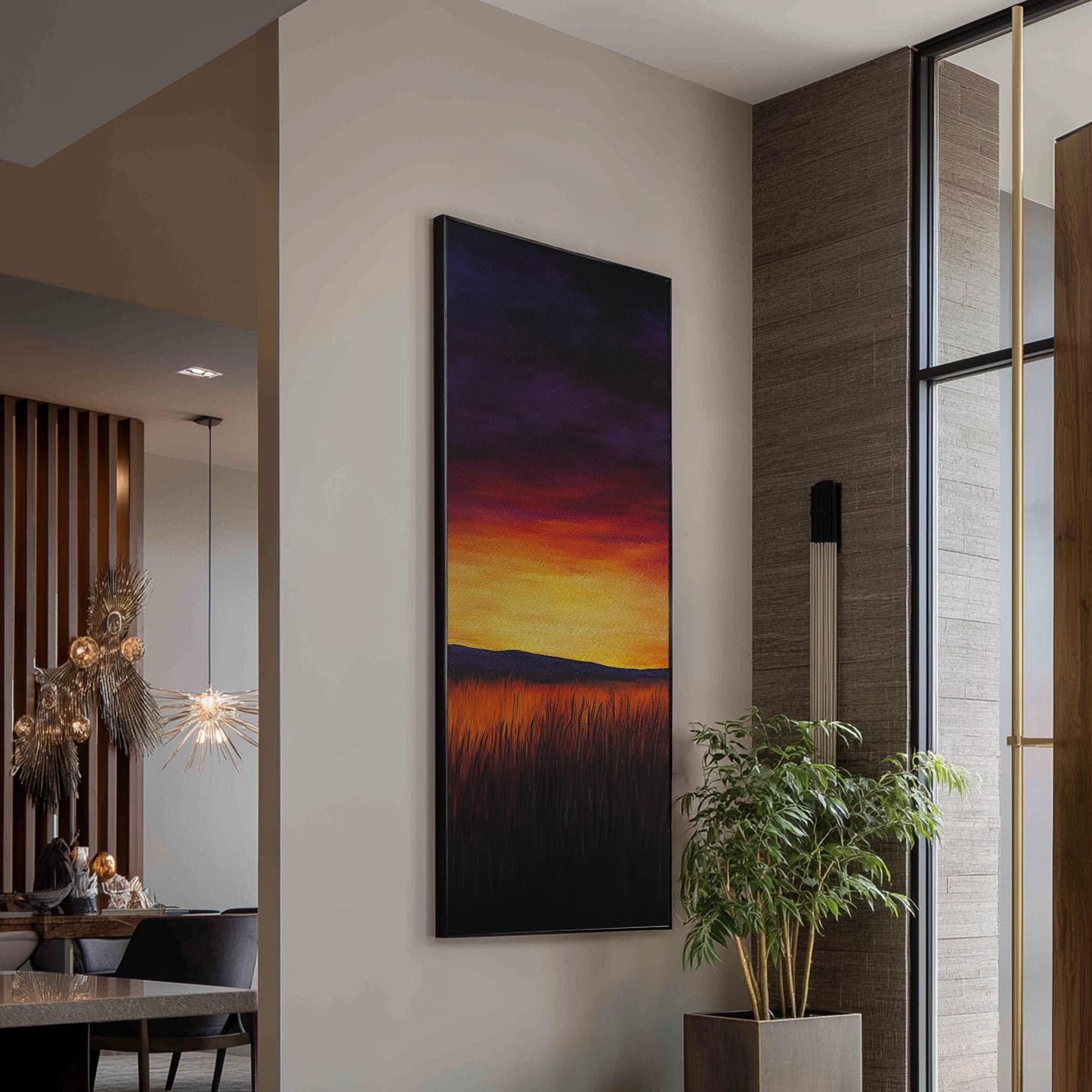 Serene Sunset Meadow Canvas Art | Impasto Brushstroke Print | Bohemian Wall Art For Living Room | Amber Sunset Art Long Vertical Art