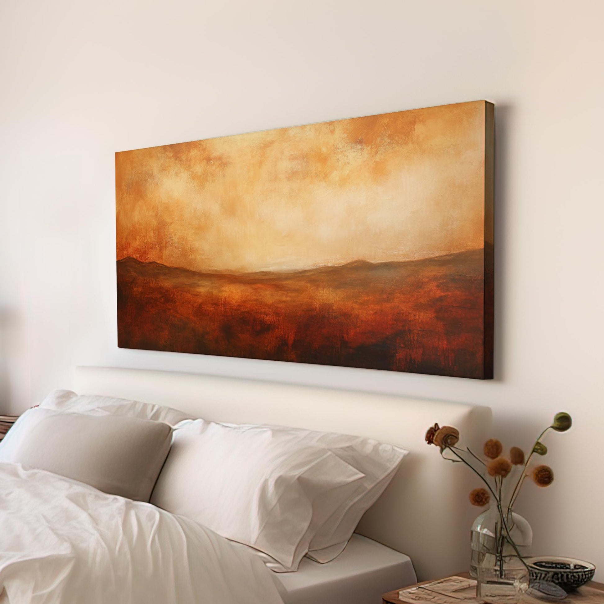 Serene Sunset Landscape Canvas Art | Impasto Textural Print | Minimalist Wall Art For Living Room | Burnt Sienna Cream Art Horizontal Art
