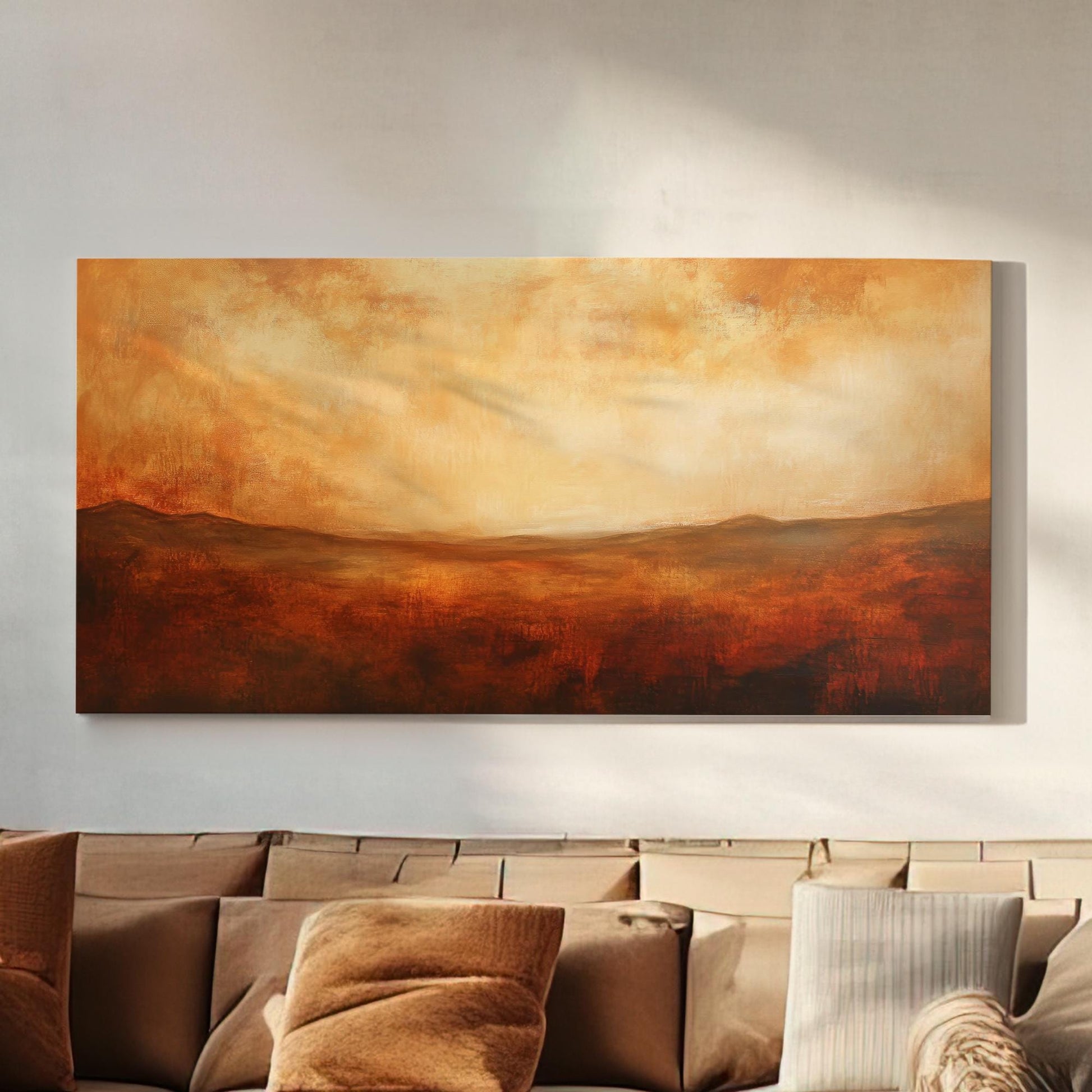 Serene Sunset Landscape Canvas Art | Impasto Textural Print | Minimalist Wall Art For Living Room | Burnt Sienna Cream Art Horizontal Art