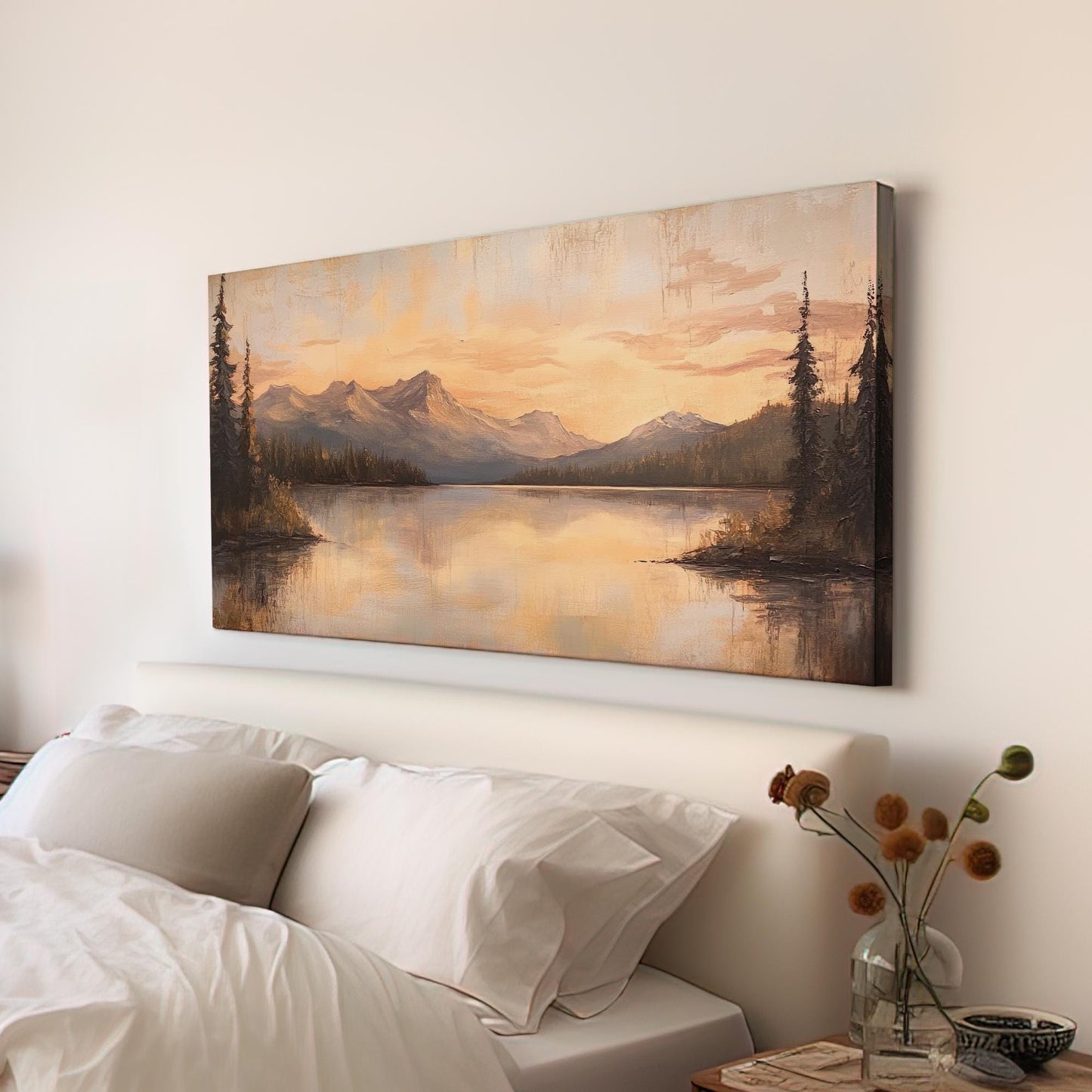 Serene Sunset Lake Canvas Art | Impressionist Oil Print | Tranquil Minimalist Wall Art For Living Room | Blush Pink Gold Art Horizontal Art