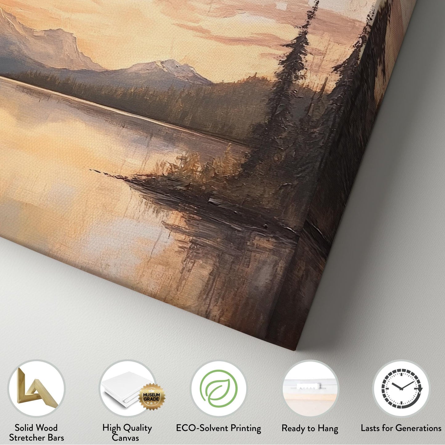 Serene Sunset Lake Canvas Art | Impressionist Oil Print | Tranquil Minimalist Wall Art For Living Room | Blush Pink Gold Art Horizontal Art