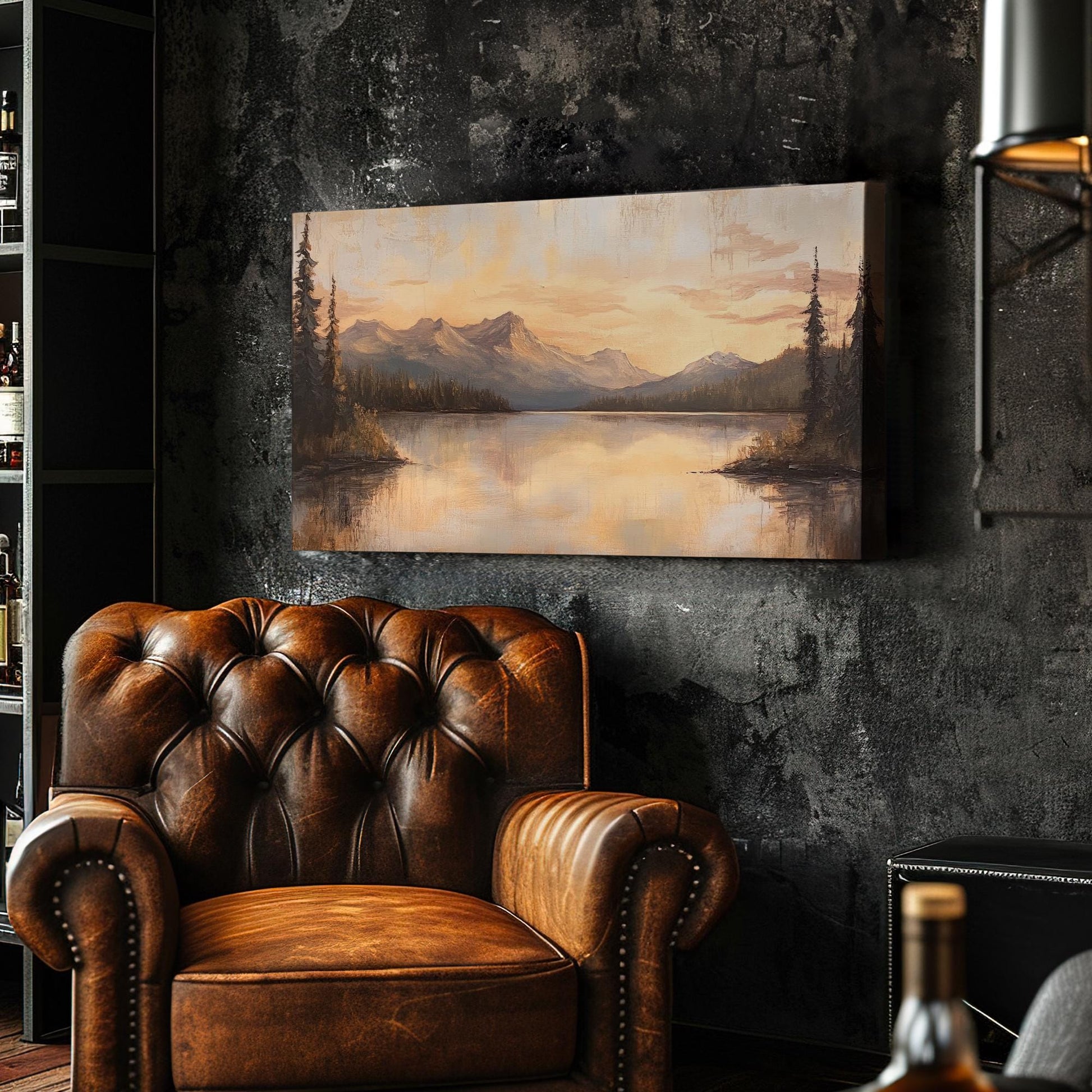 Serene Sunset Lake Canvas Art | Impressionist Oil Print | Tranquil Minimalist Wall Art For Living Room | Blush Pink Gold Art Horizontal Art