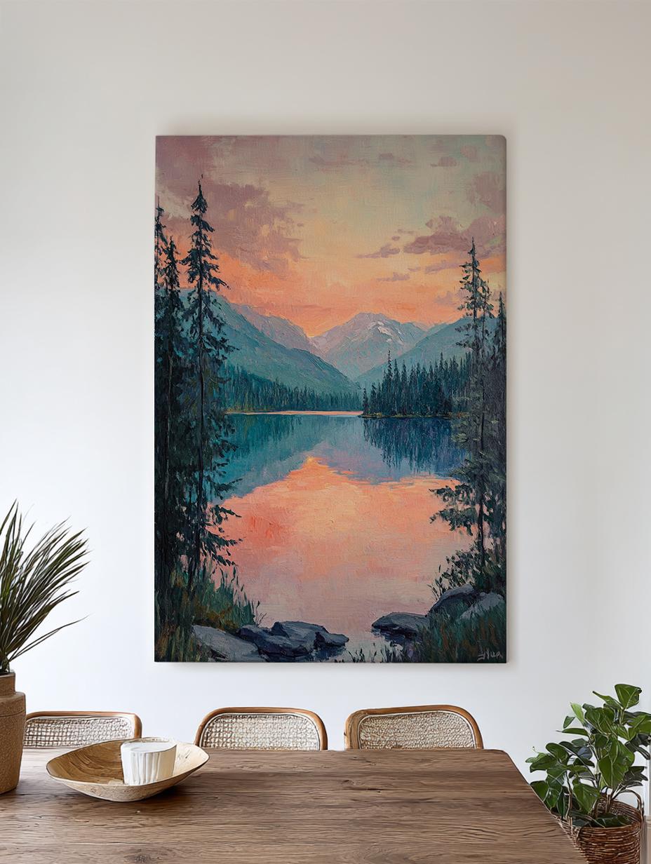 Serene Sunset Lake Canvas Art | Impasto Painting Print | Tranquil Minimalist Wall Art For Living Room Vertical Canvas