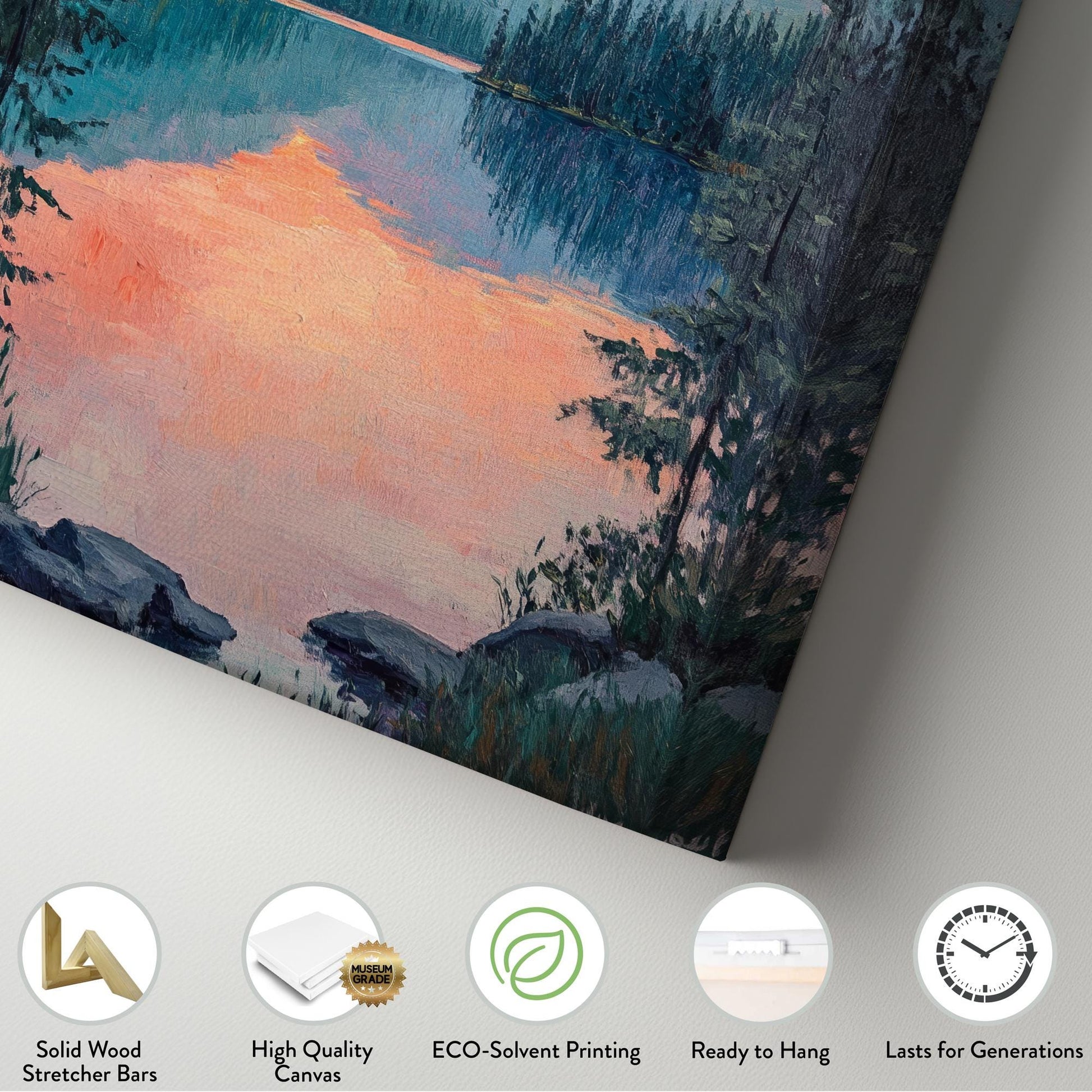 Serene Sunset Lake Canvas Art | Impasto Painting Print | Tranquil Minimalist Wall Art For Living Room Vertical Canvas