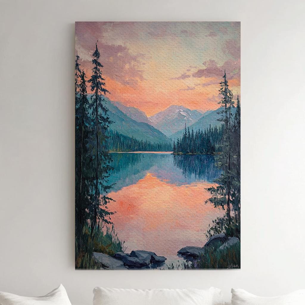 Serene Sunset Lake Canvas Art | Impasto Painting Print | Tranquil Minimalist Wall Art For Living Room Vertical Canvas