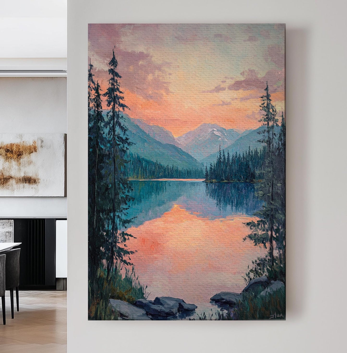 Serene Sunset Lake Canvas Art | Impasto Painting Print | Tranquil Minimalist Wall Art For Living Room Vertical Canvas