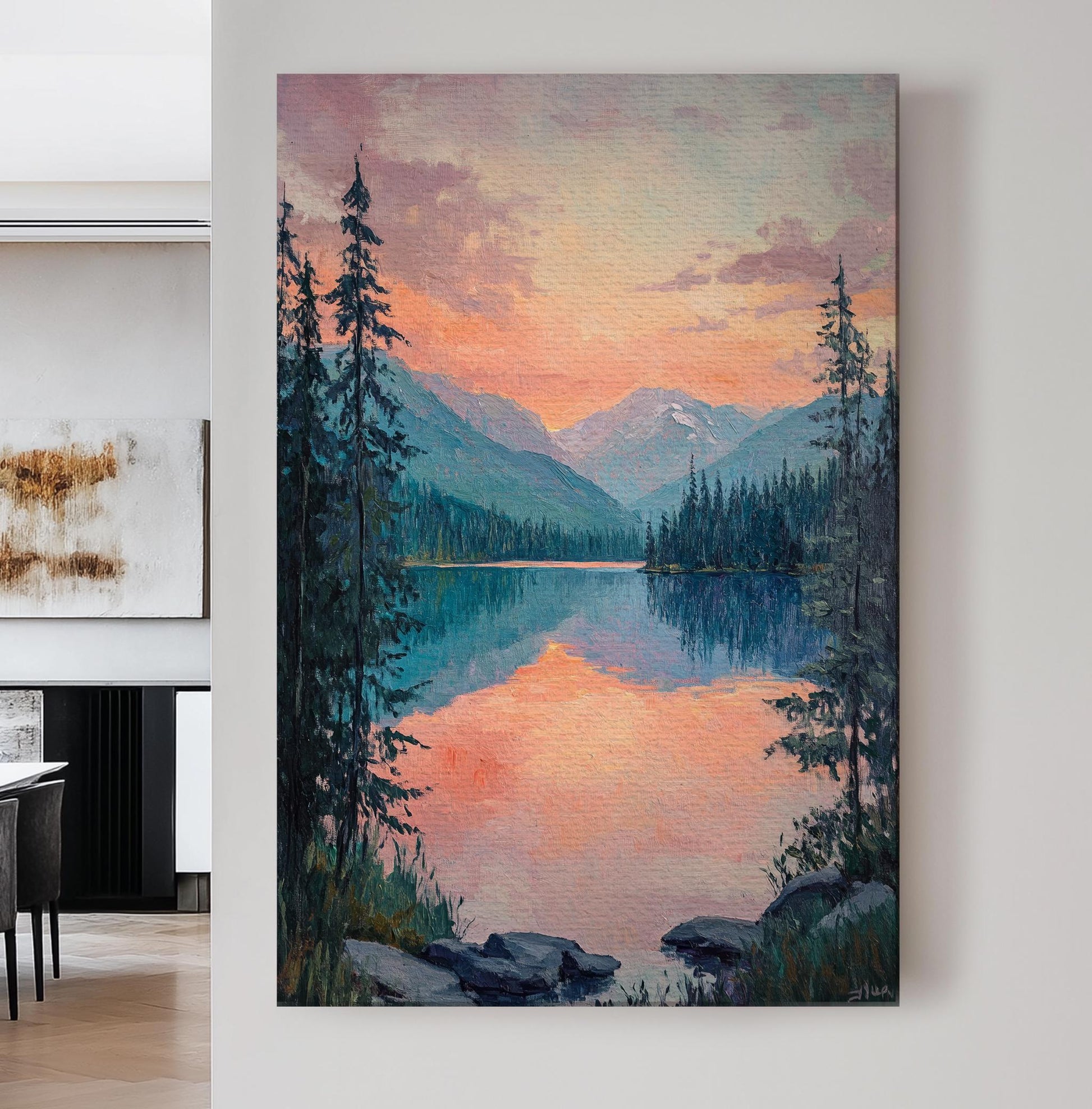Serene Sunset Lake Canvas Art | Impasto Painting Print | Tranquil Minimalist Wall Art For Living Room Vertical Canvas