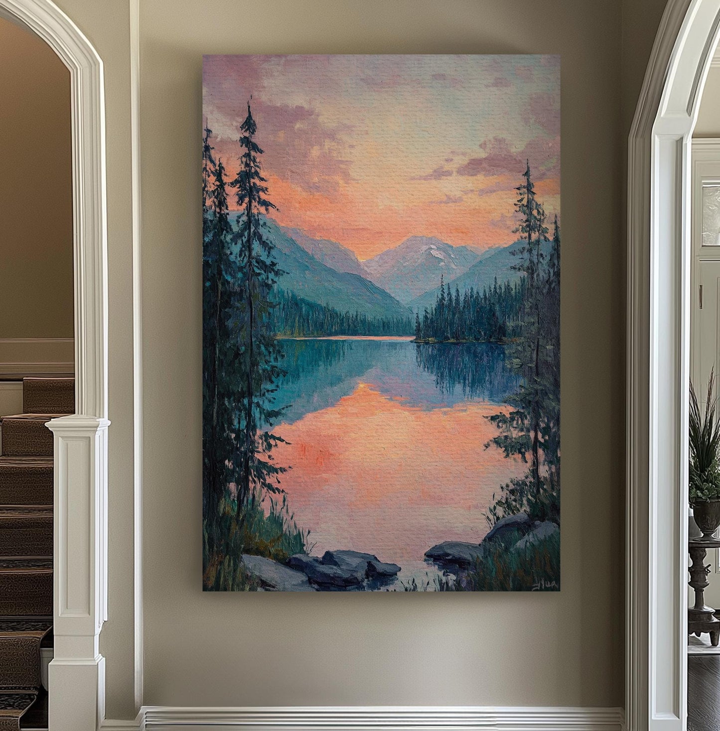 Serene Sunset Lake Canvas Art | Impasto Painting Print | Tranquil Minimalist Wall Art For Living Room Vertical Canvas