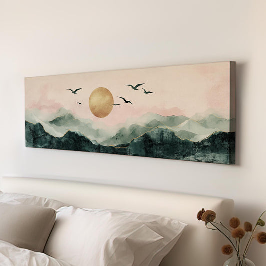 Serene Sunset Birds Canvas Art | Watercolor Abstract Print | Minimalist Wall Art For Living Room Panoramic Wall Art