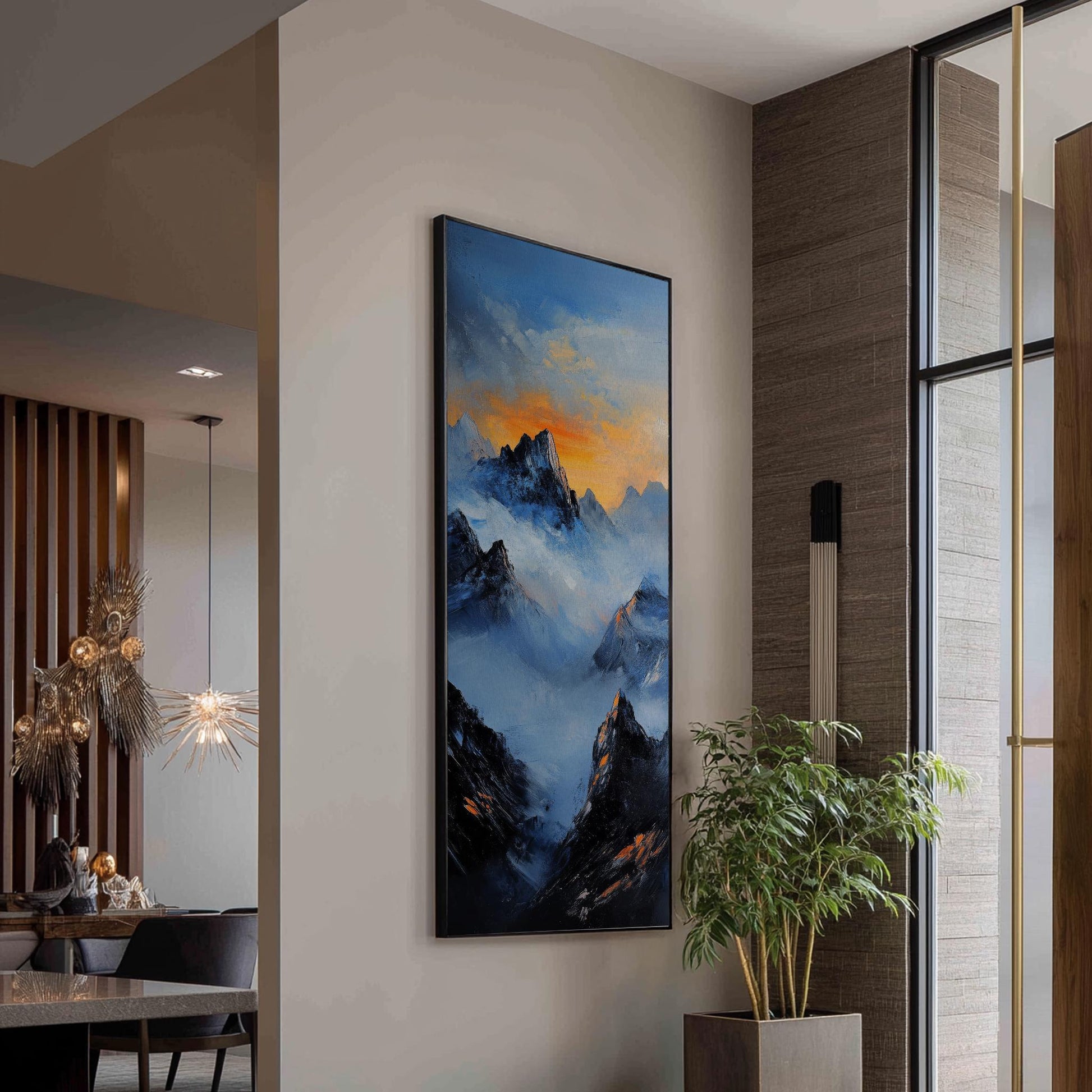 Serene Summits Canvas Art | Impasto Mountain Print | Japandi Wall Art For Living Room | Steel Blue Ember Glow Art Long Vertical Art