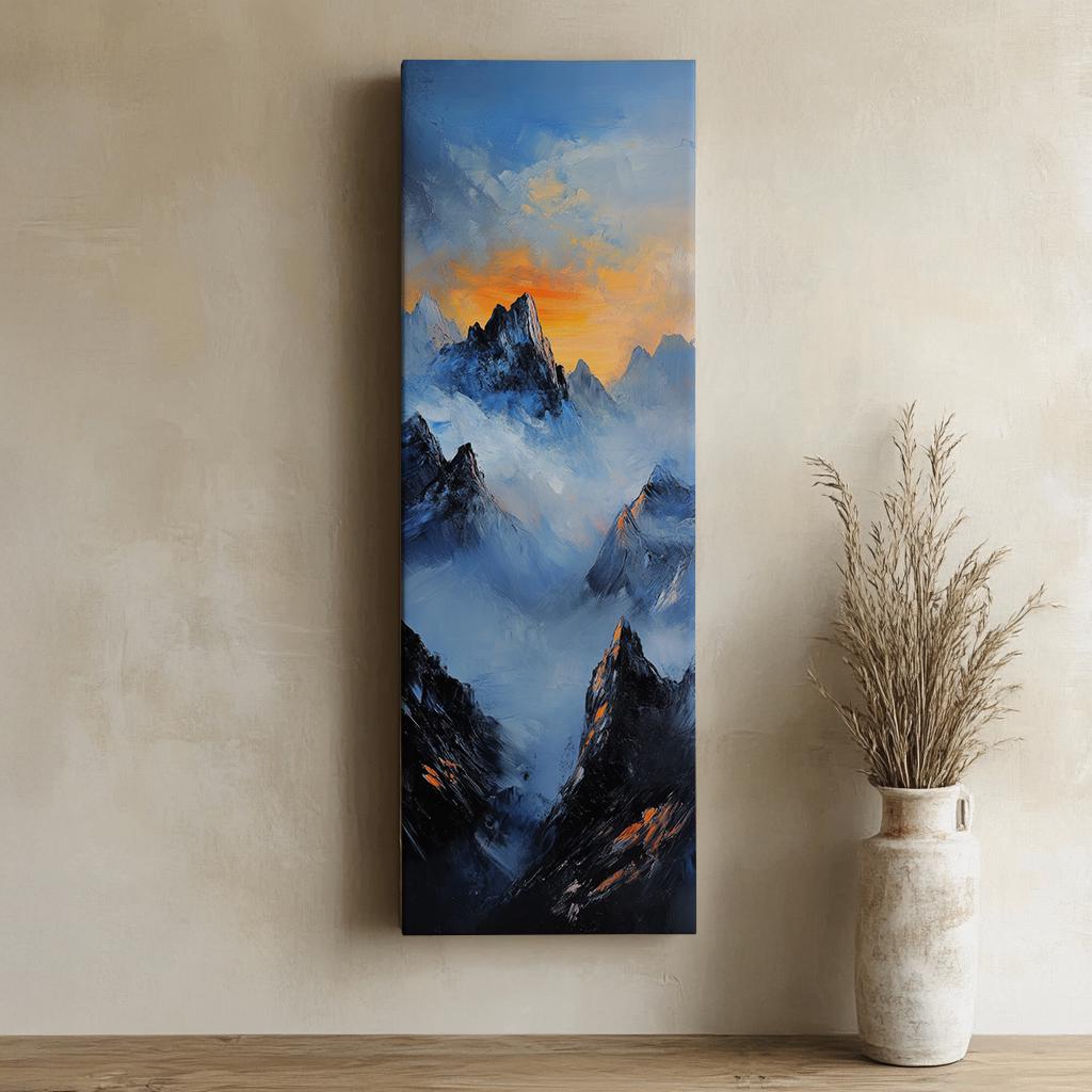 Serene Summits Canvas Art | Impasto Mountain Print | Japandi Wall Art For Living Room | Steel Blue Ember Glow Art Long Vertical Art