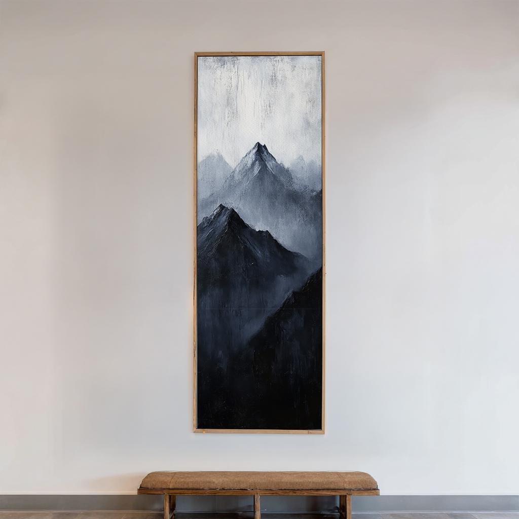 Serene Summits Canvas Art | Impasto Mountain Print | Japandi Wall Art For Living Room | Charcoal Gray Art Long Vertical Art