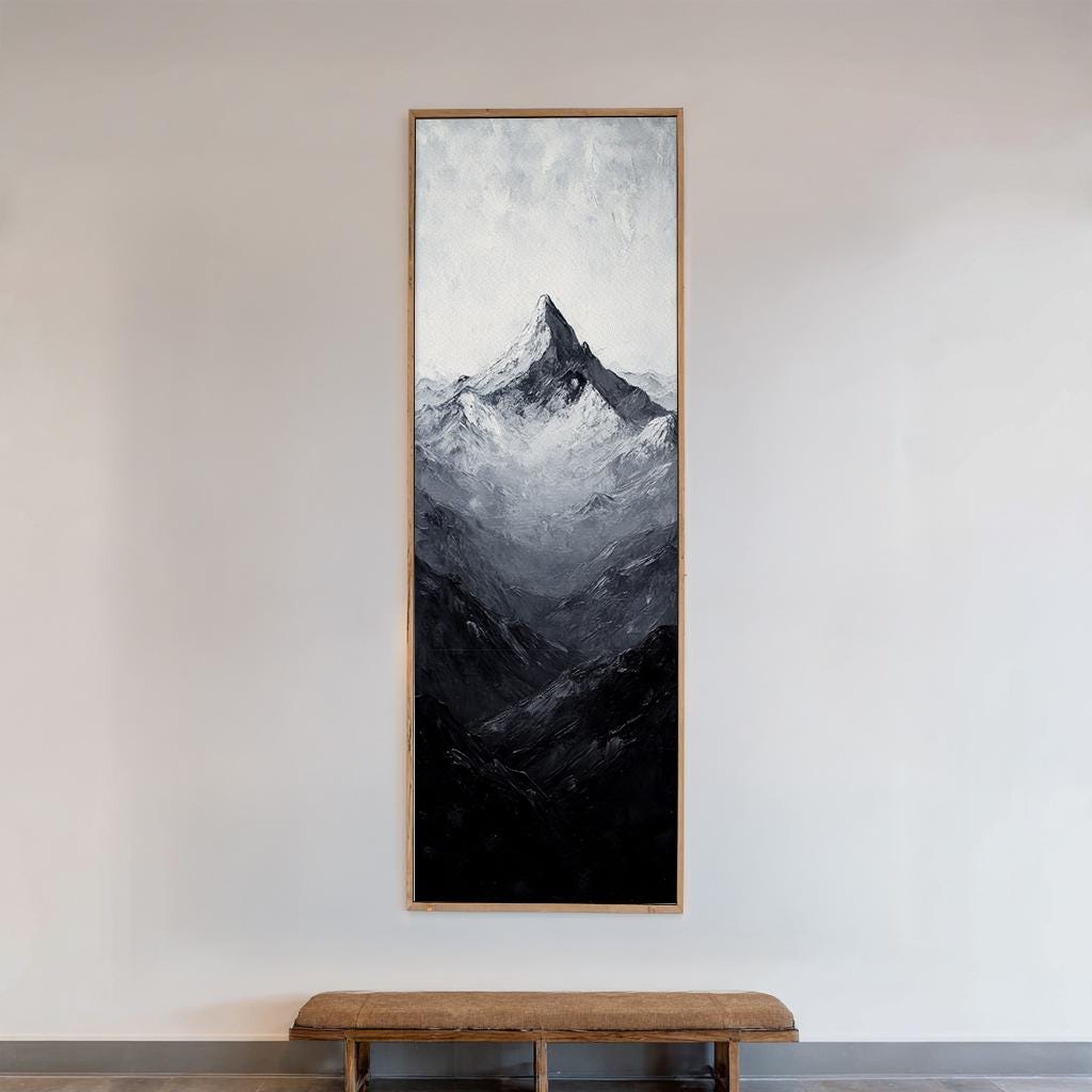 Serene Summit Canvas Art | Impasto Palette Knife Print | Juxtaposition Wall Art For Living Room Long Vertical Art