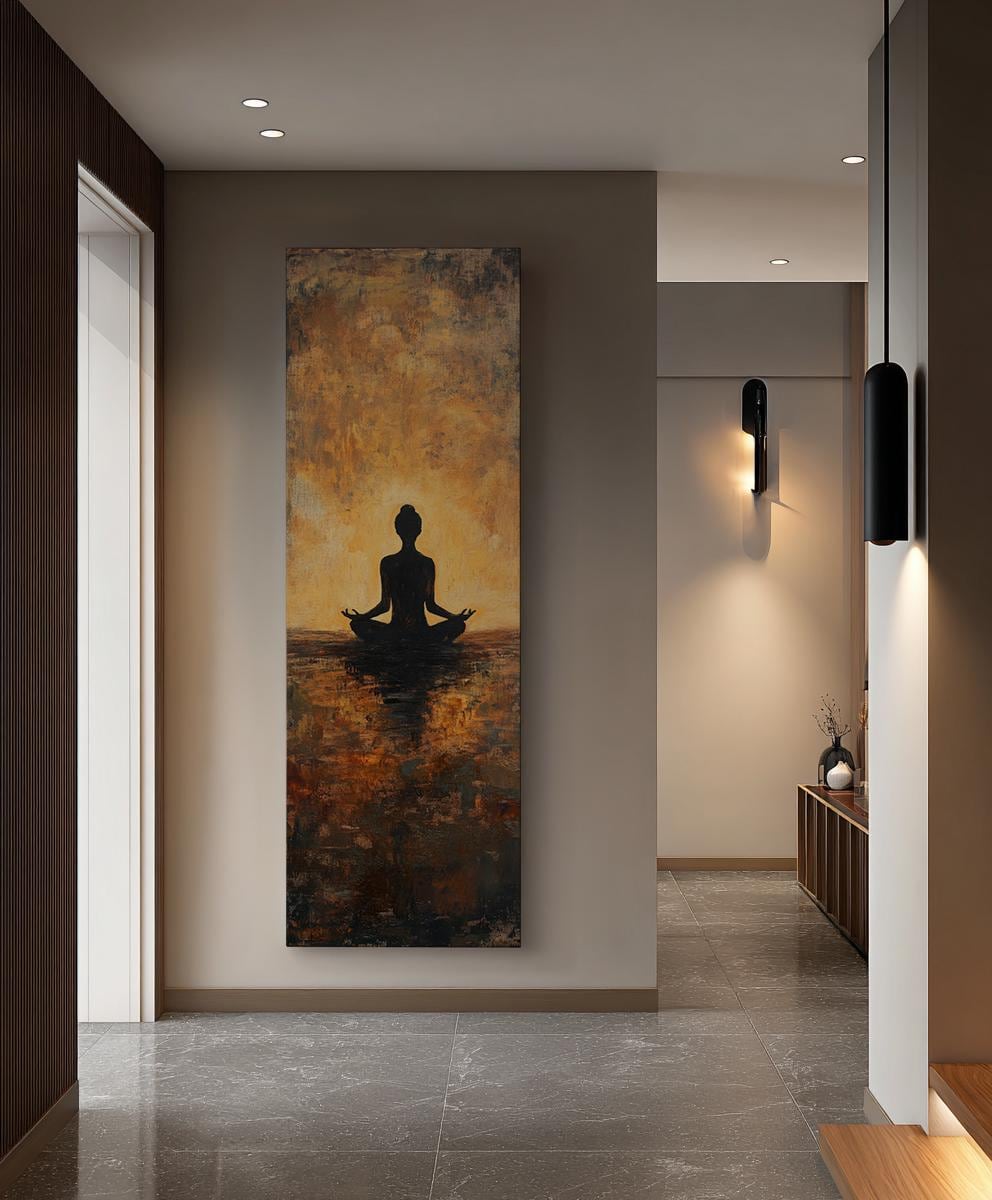 Serene Silhouette Canvas Art | Impasto Painting Print | Zen Minimalist Wall Art For Living Room | Burnt Sienna Ochre Art Long Vertical Art