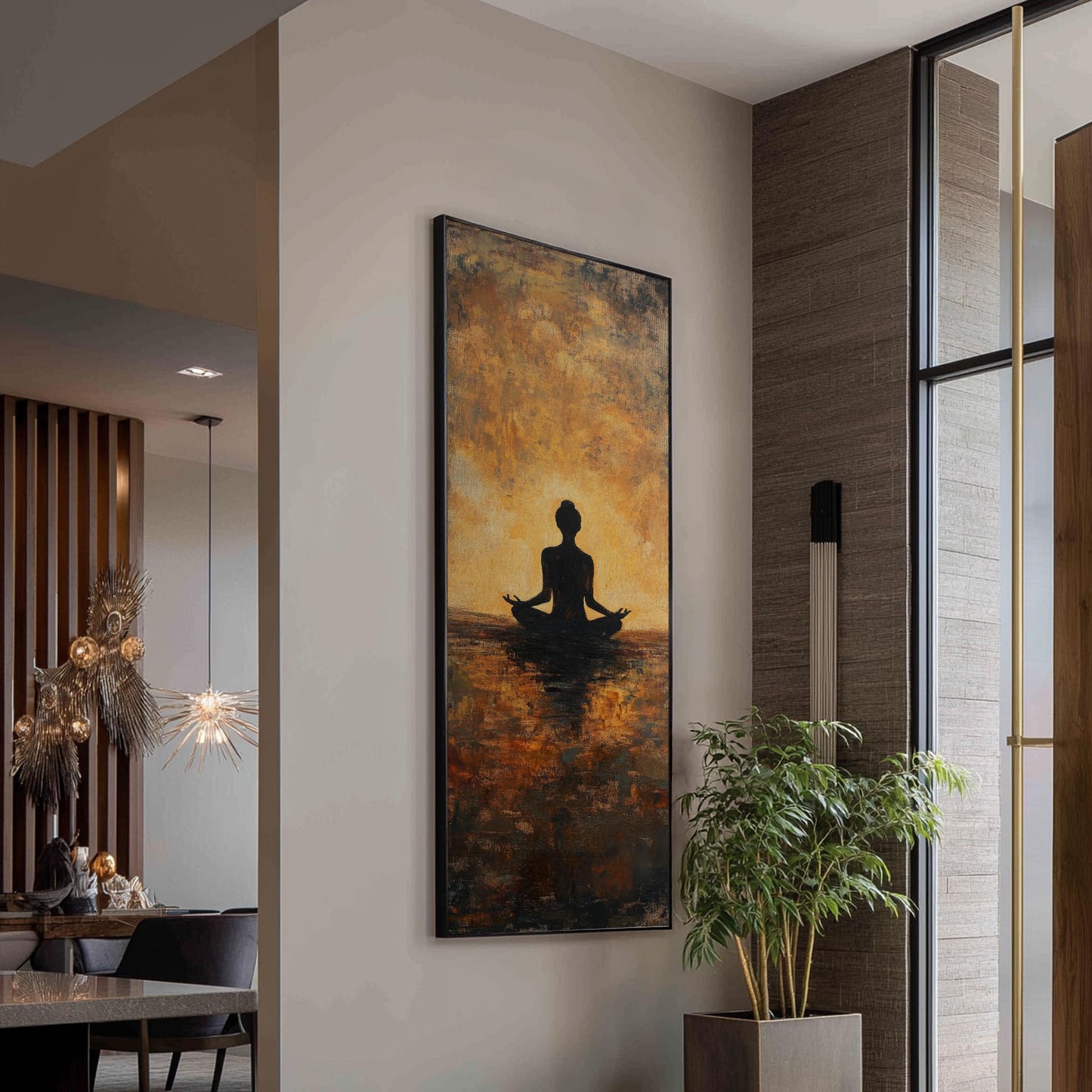 Serene Silhouette Canvas Art | Impasto Painting Print | Zen Minimalist Wall Art For Living Room | Burnt Sienna Ochre Art Long Vertical Art