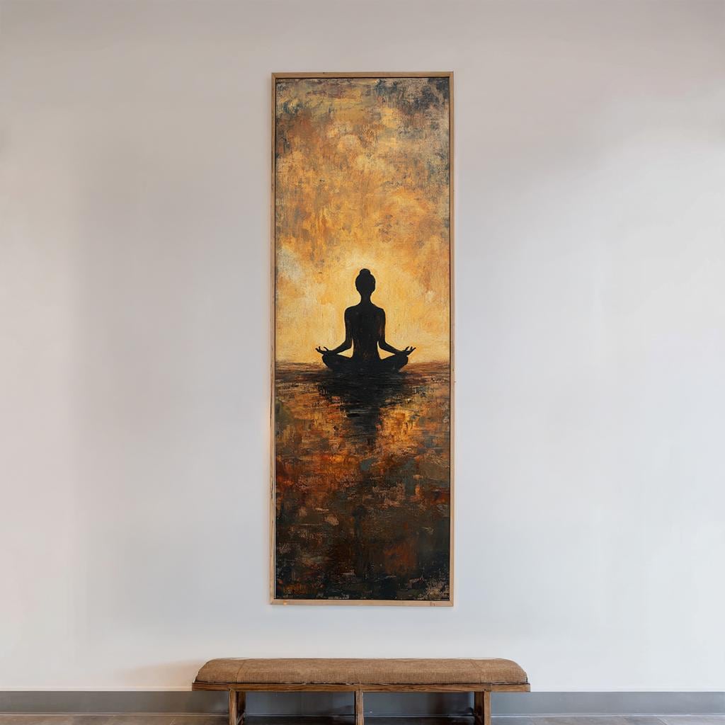 Serene Silhouette Canvas Art | Impasto Painting Print | Zen Minimalist Wall Art For Living Room | Burnt Sienna Ochre Art Long Vertical Art