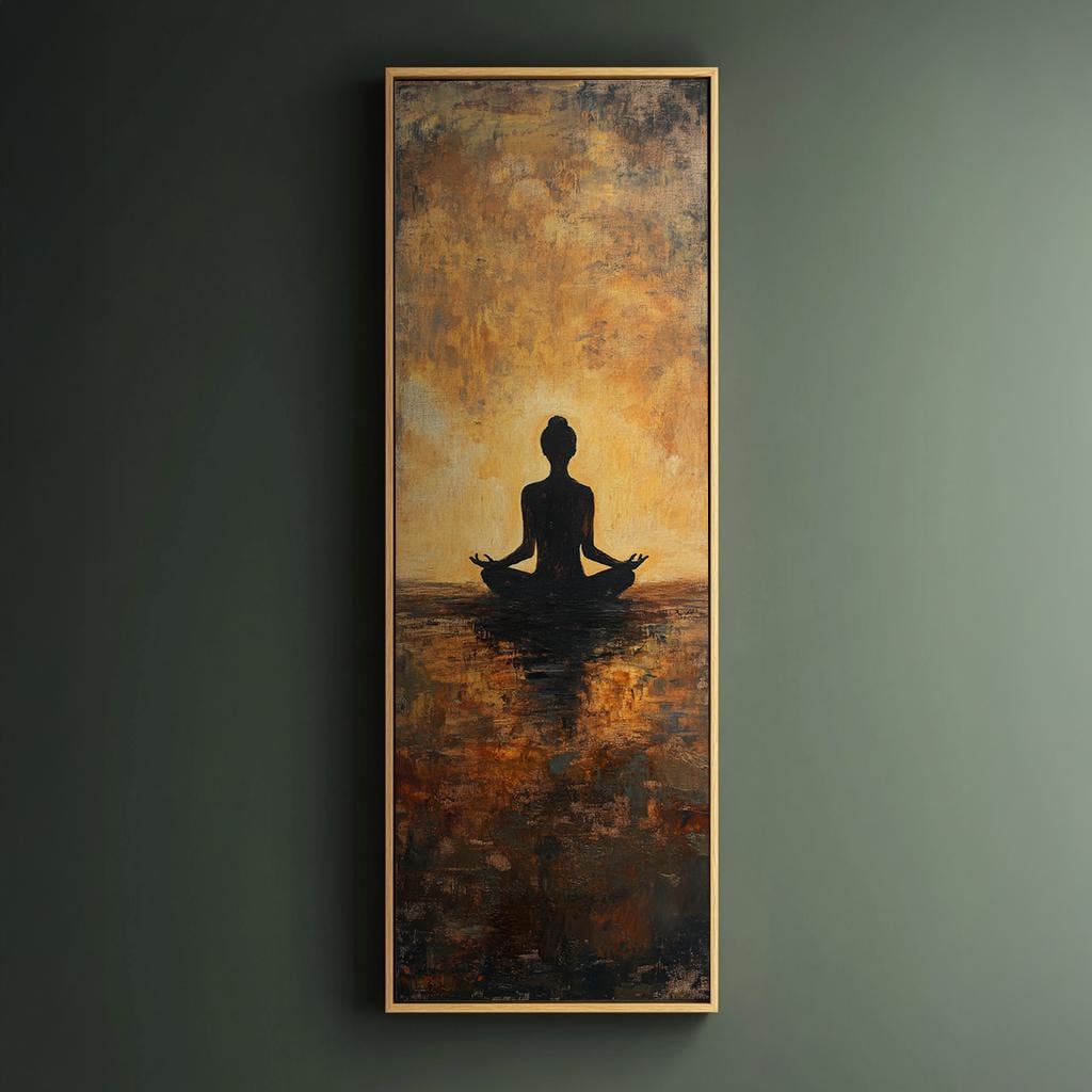 Serene Silhouette Canvas Art | Impasto Painting Print | Zen Minimalist Wall Art For Living Room | Burnt Sienna Ochre Art Long Vertical Art