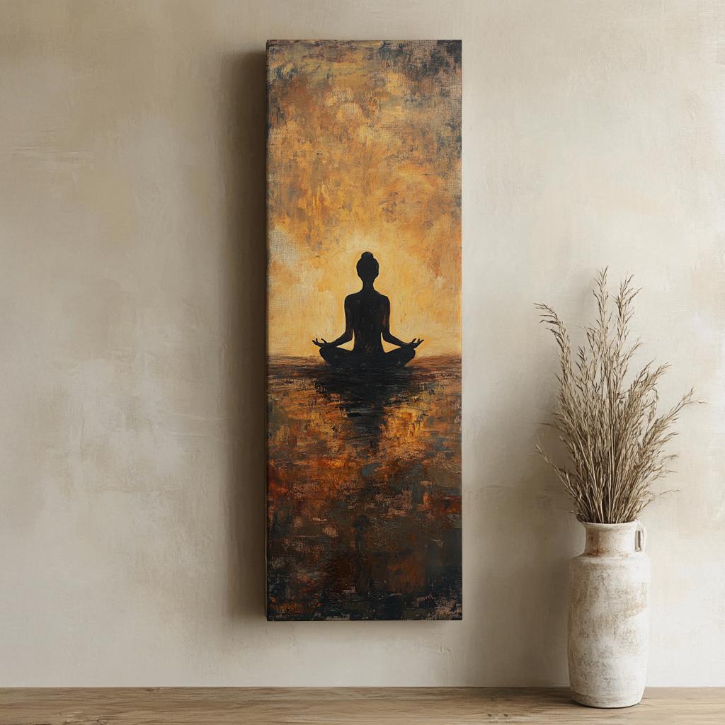 Serene Silhouette Canvas Art | Impasto Painting Print | Zen Minimalist Wall Art For Living Room | Burnt Sienna Ochre Art Long Vertical Art