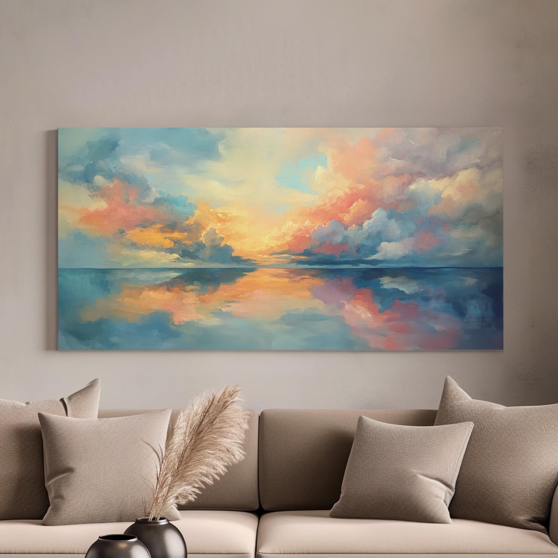 Serene Seascape Canvas Art | Impressionistic Palette Knife Print | Coastal Bohemian Wall Art For Living Room Horizontal Art