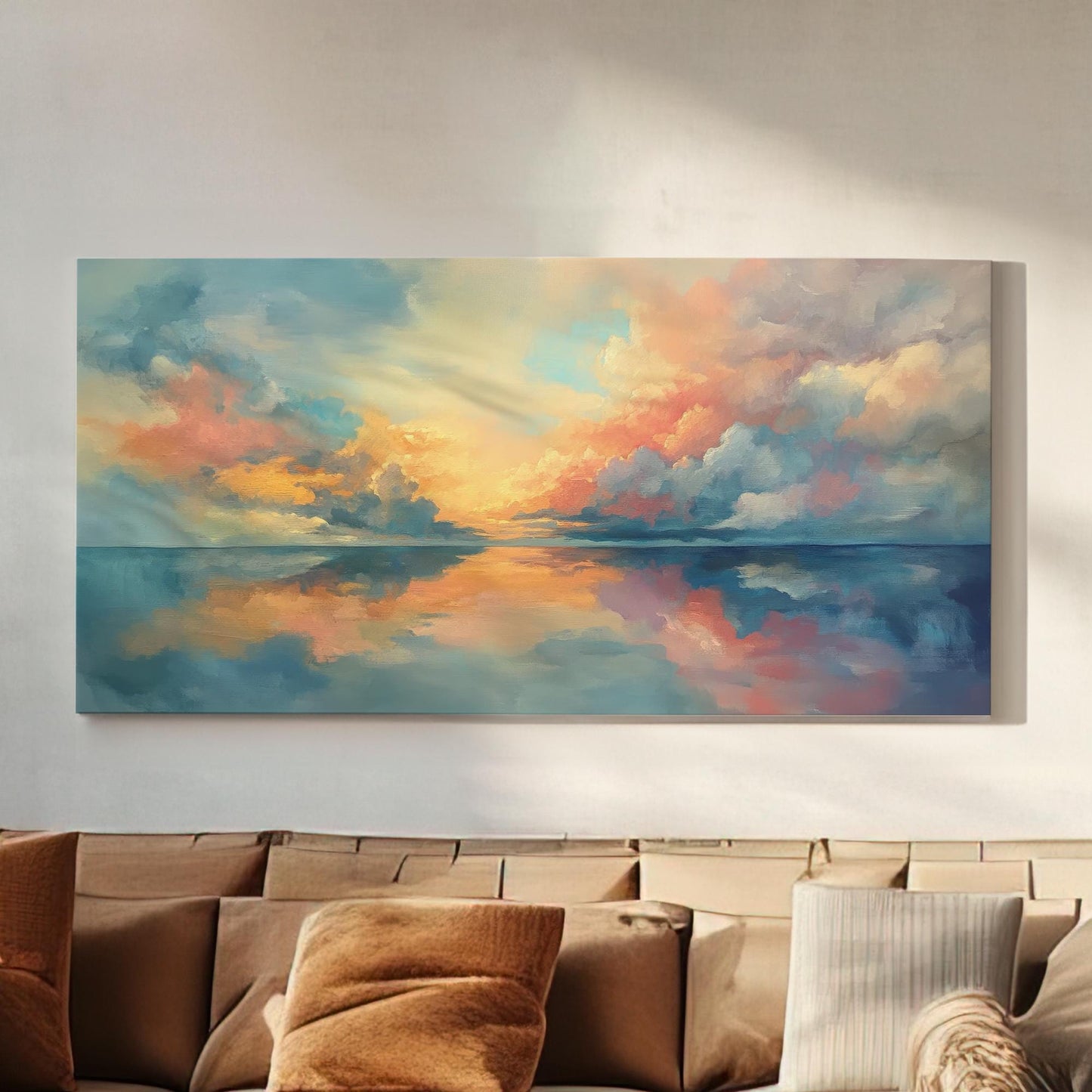 Serene Seascape Canvas Art | Impressionistic Palette Knife Print | Coastal Bohemian Wall Art For Living Room Horizontal Art