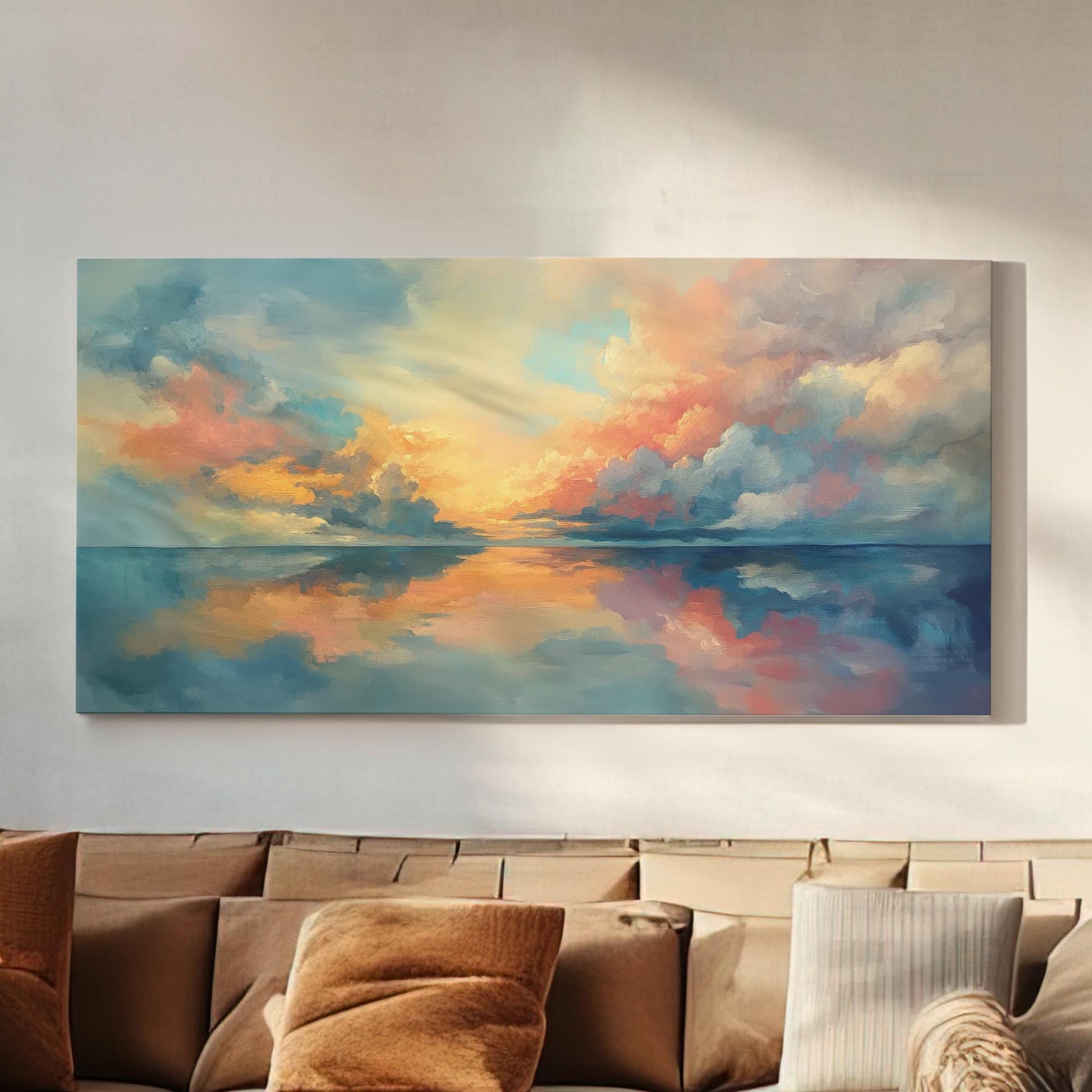 Serene Seascape Canvas Art | Impressionistic Palette Knife Print | Coastal Bohemian Wall Art For Living Room Horizontal Art