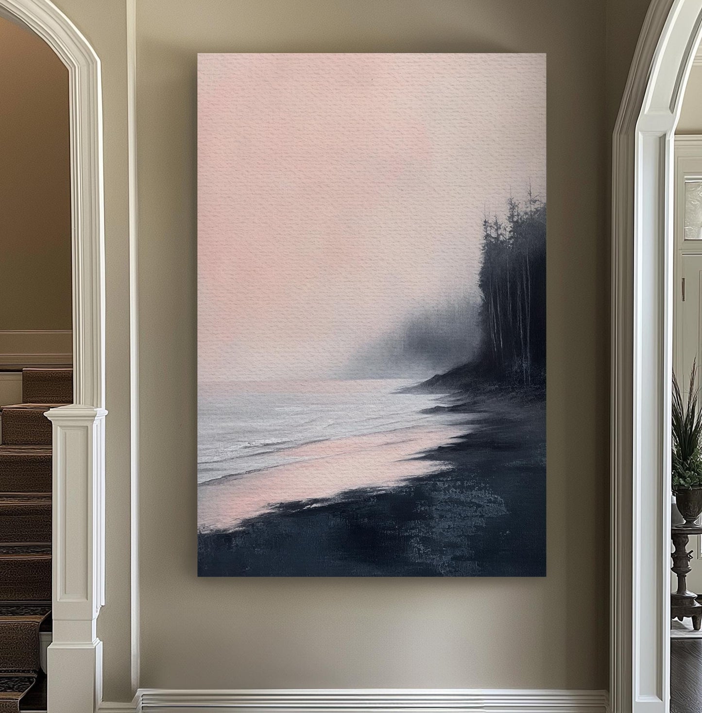 Serene Seascape Canvas Art | Impressionistic Oil Print | Coastal Bohemian Wall Art For Living Room | Blush Pink Charcoal Art Vertical Canvas