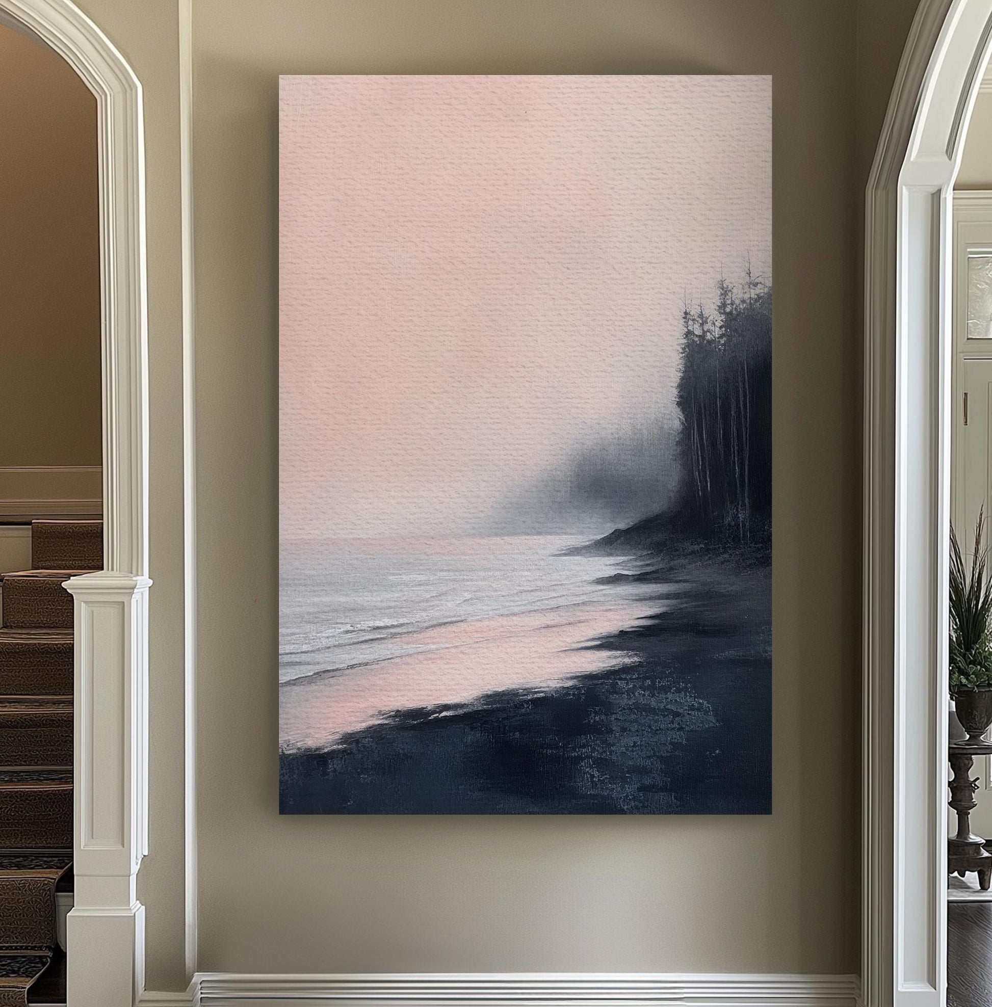 Serene Seascape Canvas Art | Impressionistic Oil Print | Coastal Bohemian Wall Art For Living Room | Blush Pink Charcoal Art Vertical Canvas