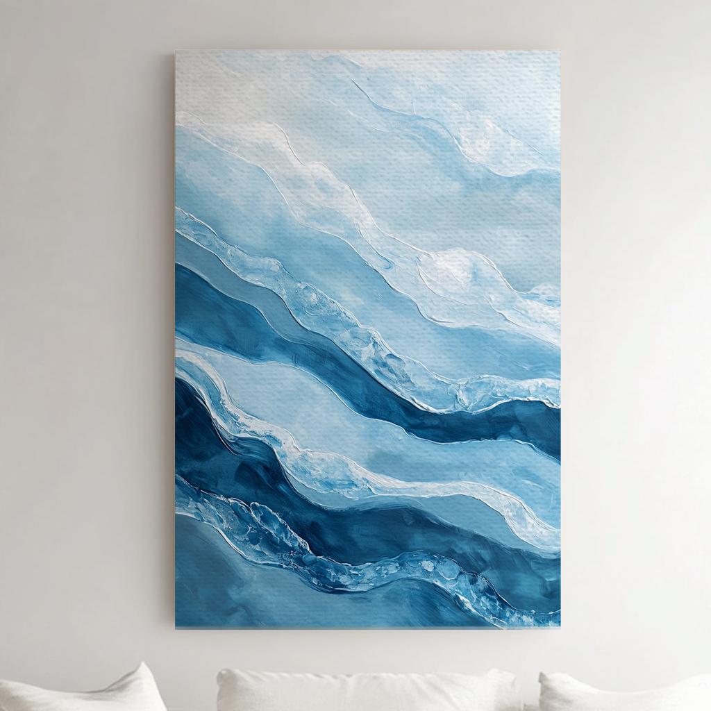 Serene Seascape Canvas Art | Impasto Textured Print | Coastal Bohemian Wall Art For Living Room | Cerulean Silverleaf Art Vertical Canvas