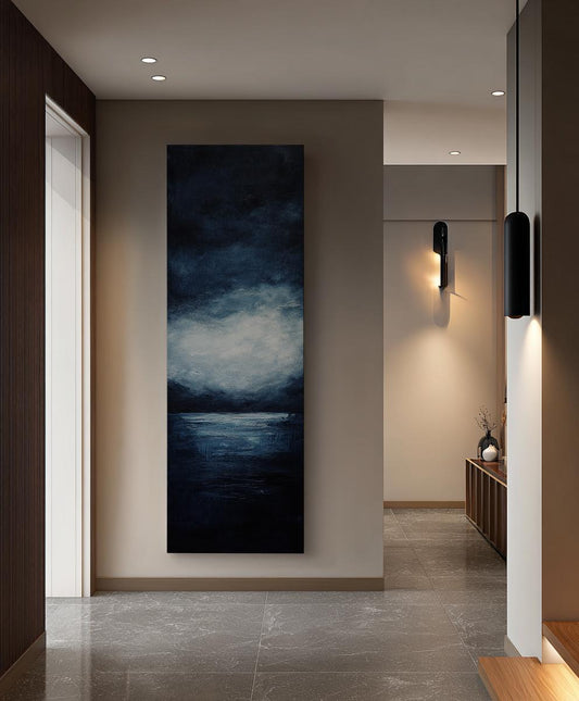 Serene Seascape Canvas Art | Impasto Textural Print | Coastal Bohemian Wall Art For Living Room | Midnight Blue Silver Art Long Vertical Art