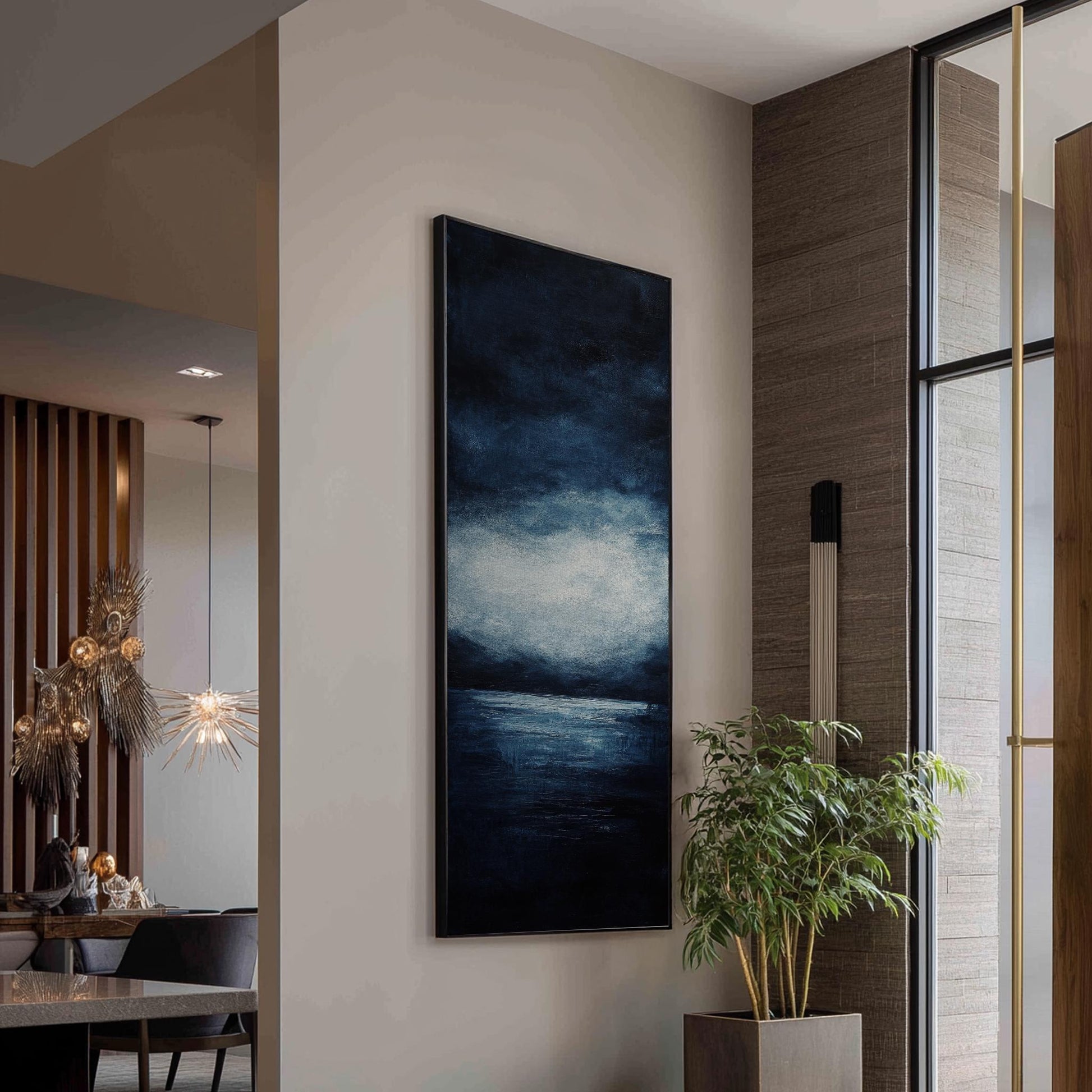 Serene Seascape Canvas Art | Impasto Textural Print | Coastal Bohemian Wall Art For Living Room | Midnight Blue Silver Art Long Vertical Art
