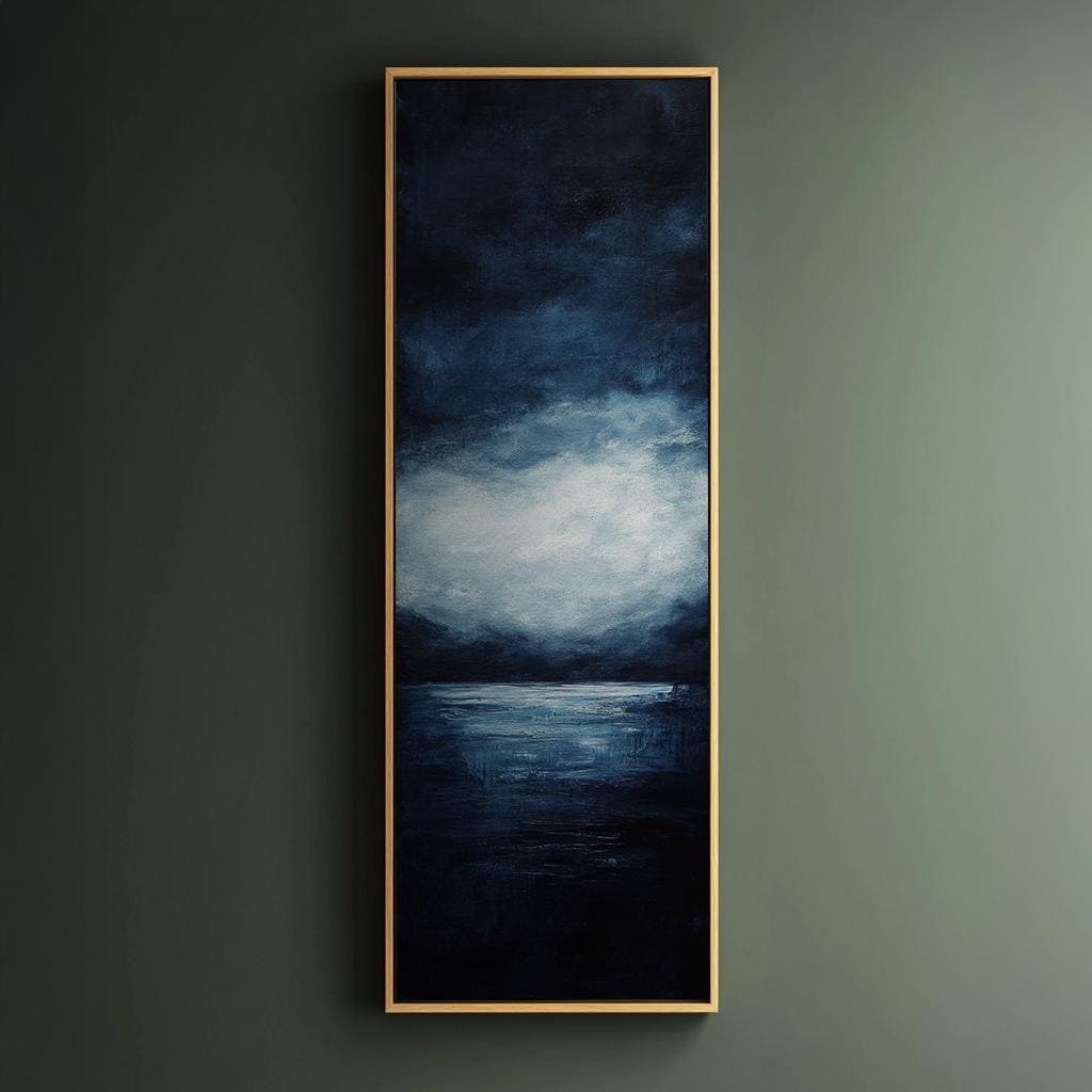 Serene Seascape Canvas Art | Impasto Textural Print | Coastal Bohemian Wall Art For Living Room | Midnight Blue Silver Art Long Vertical Art