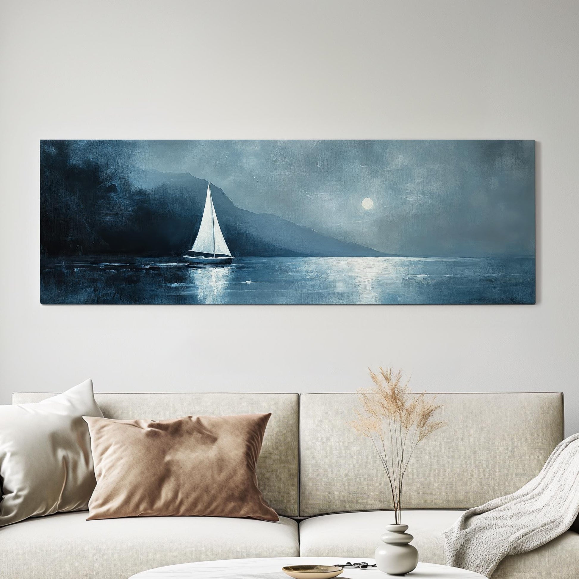 Serene Seascape Canvas Art | Impasto Print | Coastal Farmhouse Wall Art For Living Room | Steel Blue Art Panoramic Wall Art