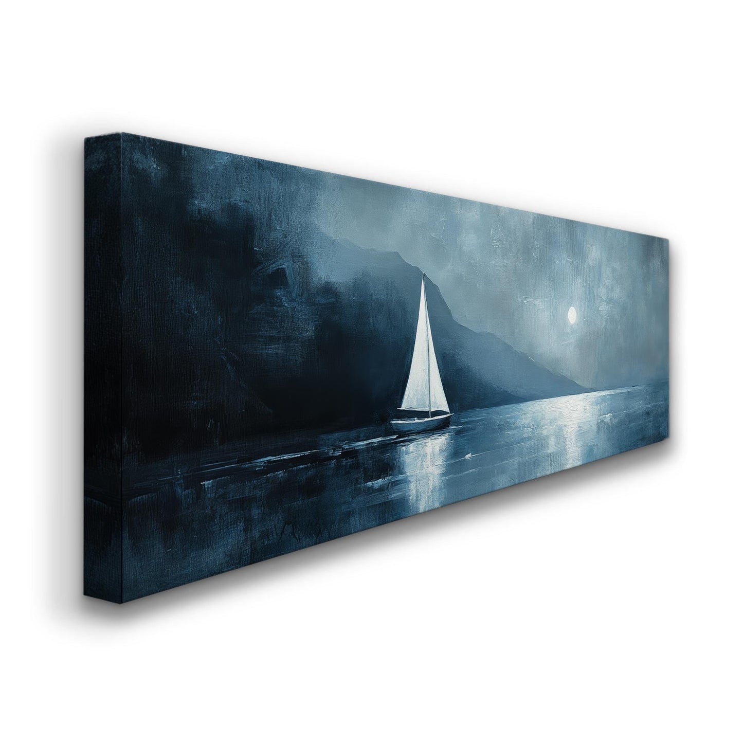 Serene Seascape Canvas Art | Impasto Print | Coastal Farmhouse Wall Art For Living Room | Steel Blue Art Panoramic Wall Art