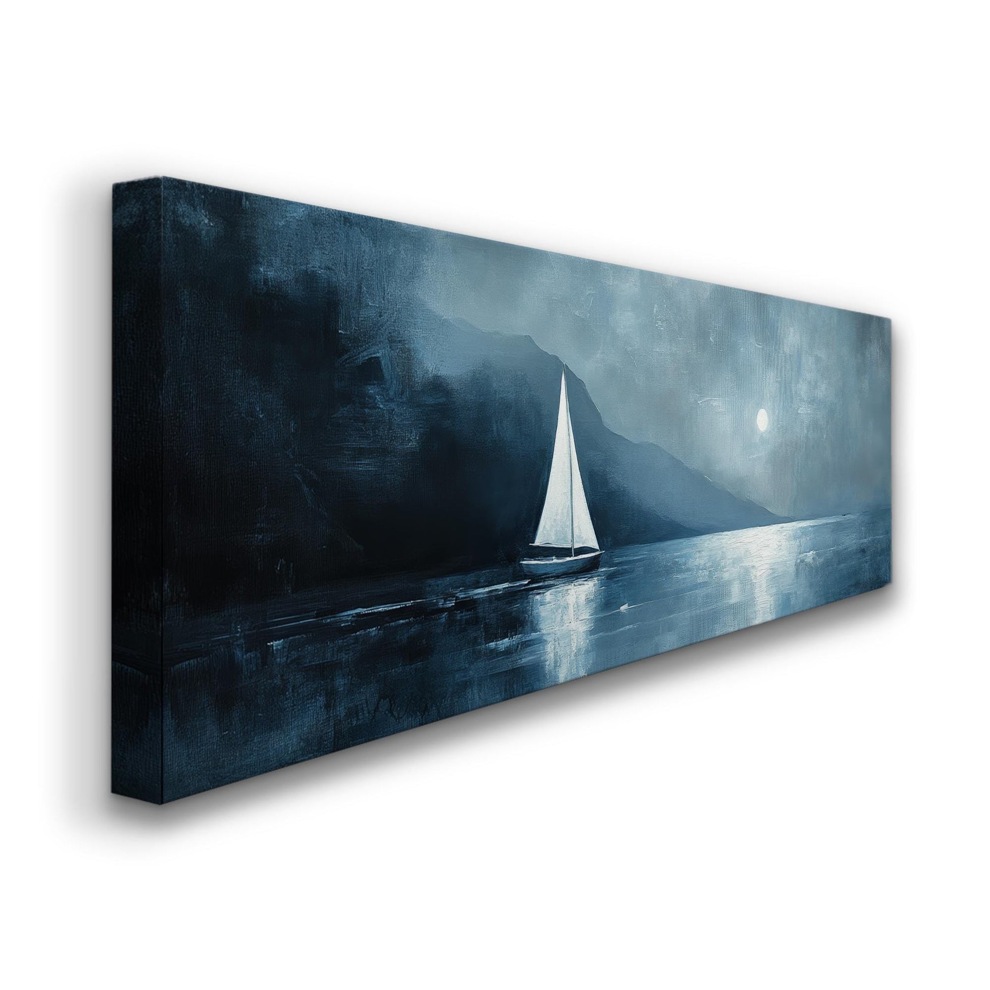 Serene Seascape Canvas Art | Impasto Print | Coastal Farmhouse Wall Art For Living Room | Steel Blue Art Panoramic Wall Art