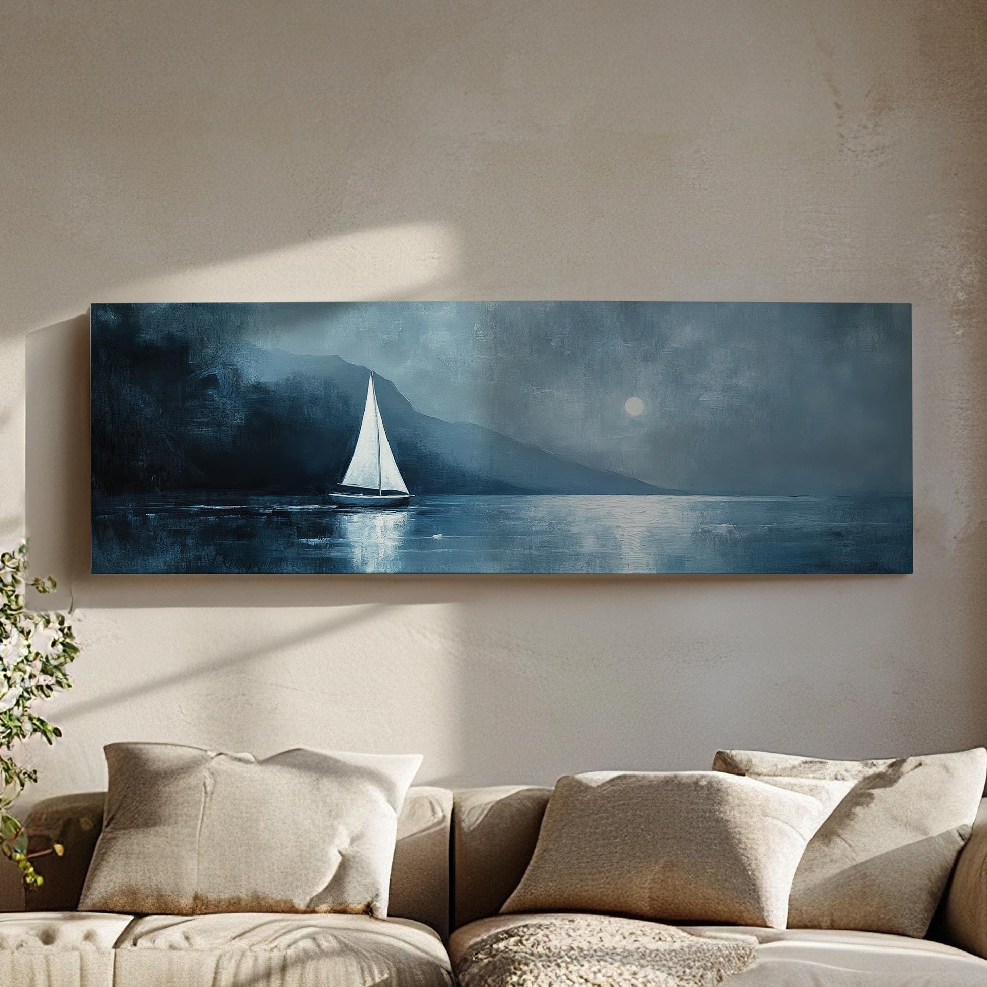Serene Seascape Canvas Art | Impasto Print | Coastal Farmhouse Wall Art For Living Room | Steel Blue Art Panoramic Wall Art