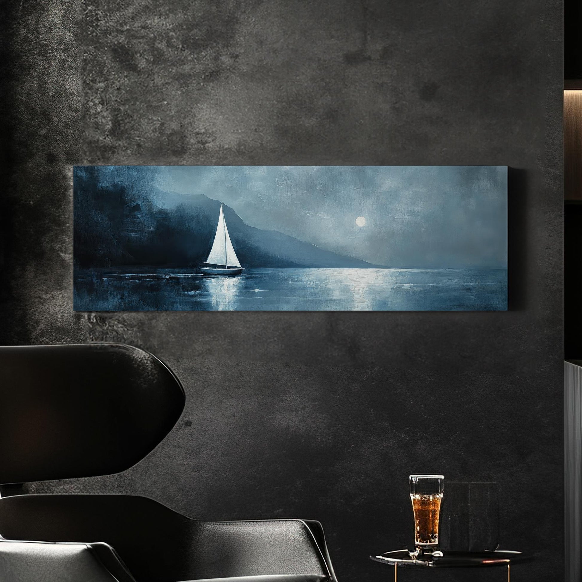 Serene Seascape Canvas Art | Impasto Print | Coastal Farmhouse Wall Art For Living Room | Steel Blue Art Panoramic Wall Art