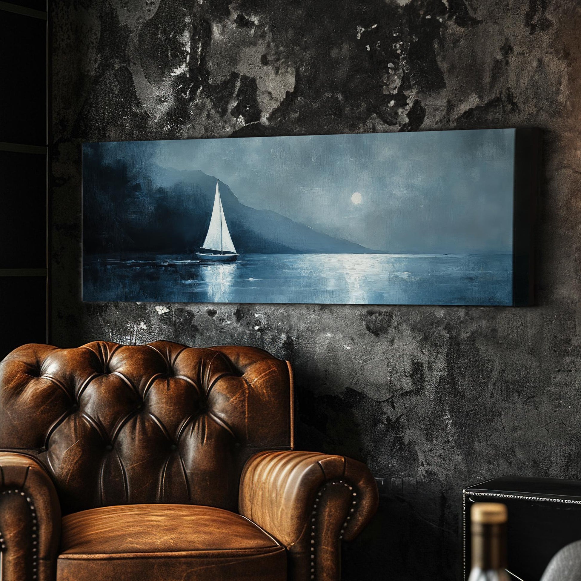 Serene Seascape Canvas Art | Impasto Print | Coastal Farmhouse Wall Art For Living Room | Steel Blue Art Panoramic Wall Art