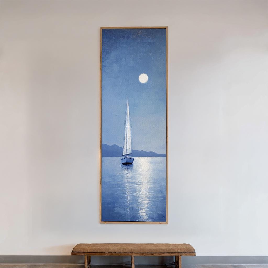 Serene Seascape Canvas Art | Impasto Palette Knife Print | Coastal Bohemian Wall Art For Living Room | Periwinkle Blue Art Long Vertical Art
