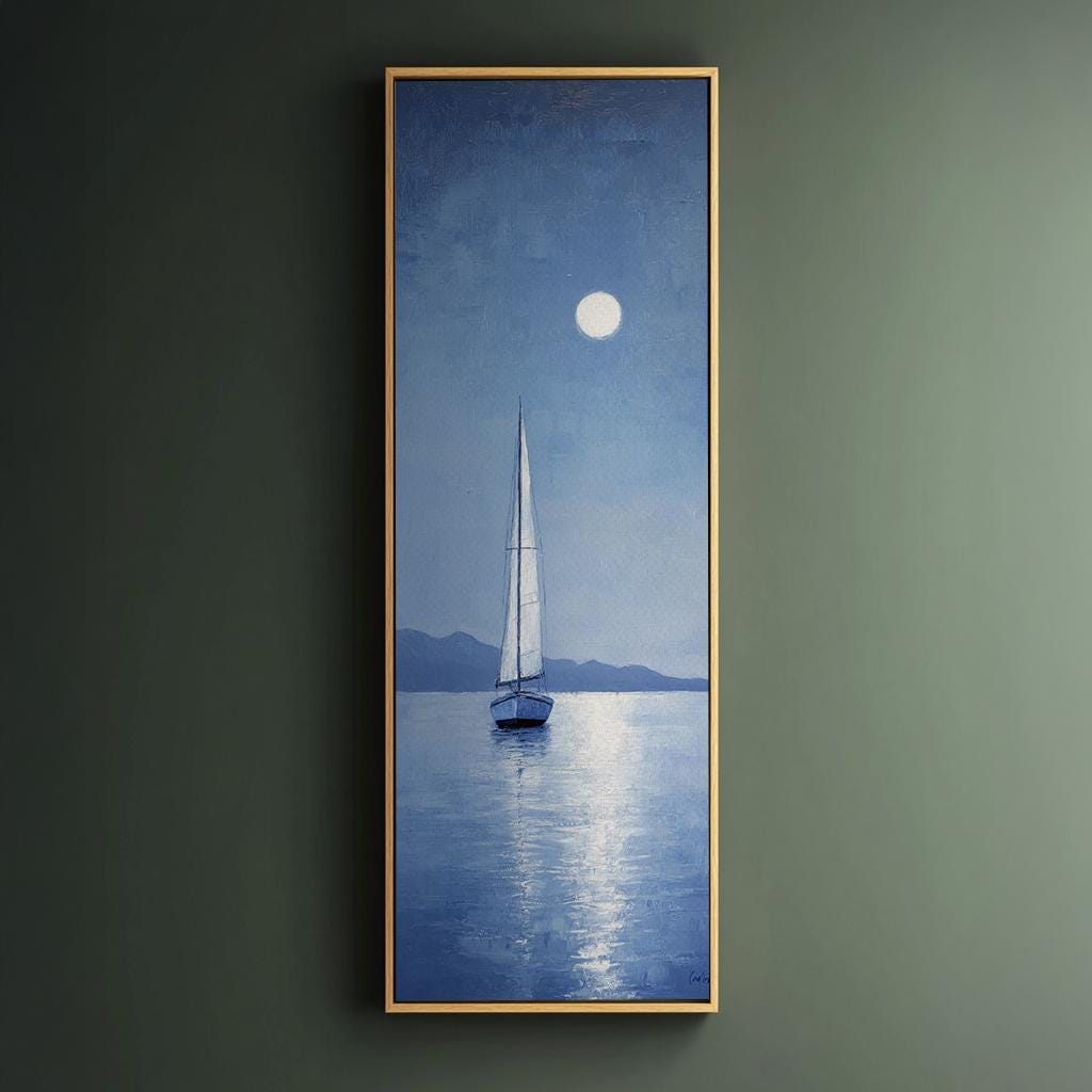 Serene Seascape Canvas Art | Impasto Palette Knife Print | Coastal Bohemian Wall Art For Living Room | Periwinkle Blue Art Long Vertical Art