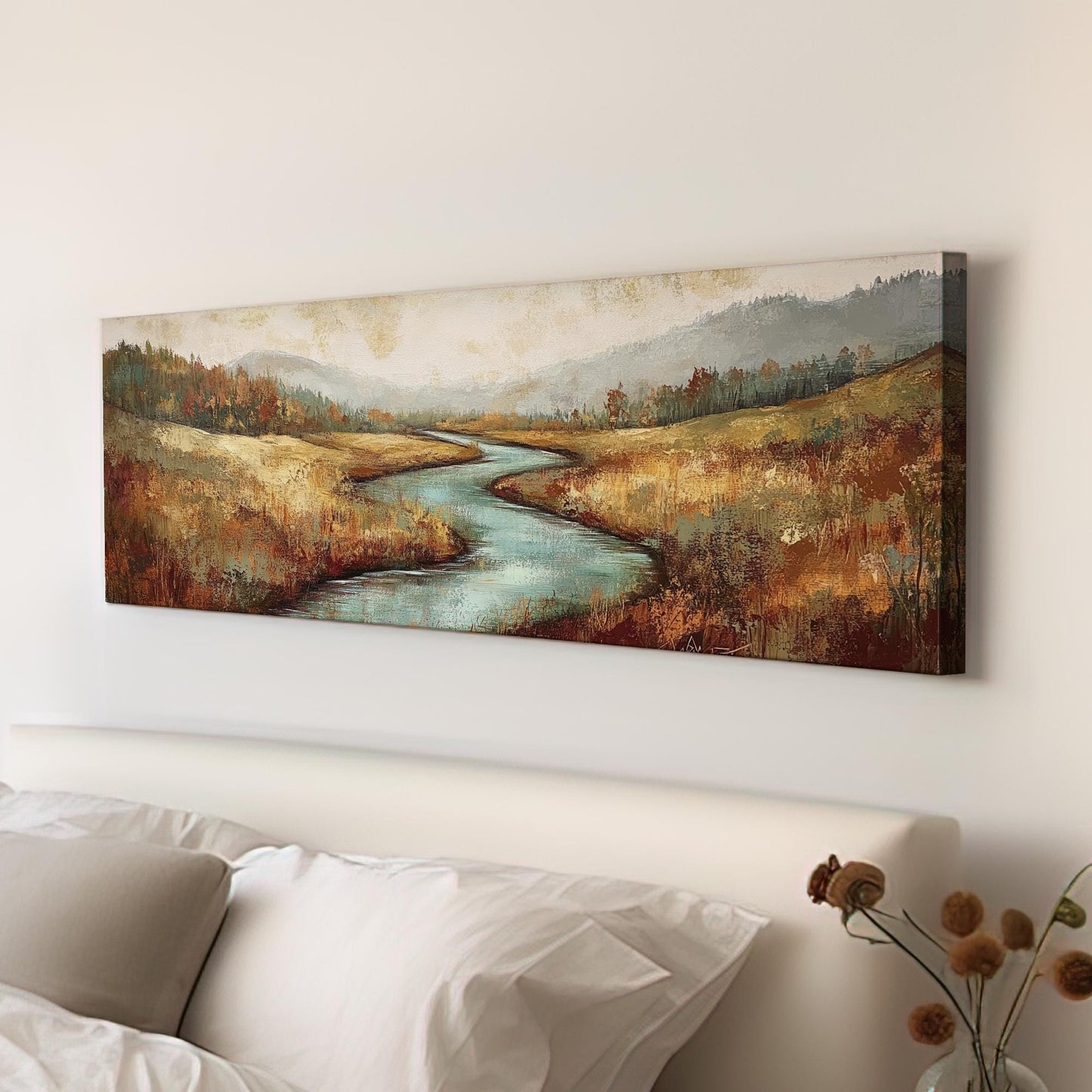 Serene River Landscape Canvas Art | Impasto Impressionism Print | Transitional Wall Art For Living Room Panoramic Wall Art