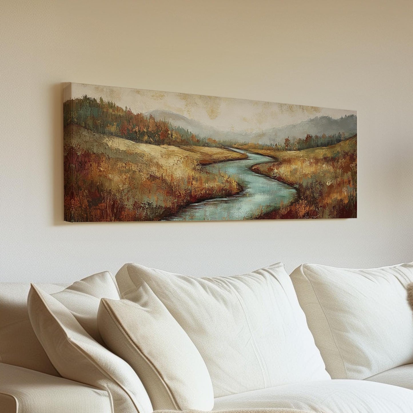 Serene River Landscape Canvas Art | Impasto Impressionism Print | Transitional Wall Art For Living Room Panoramic Wall Art