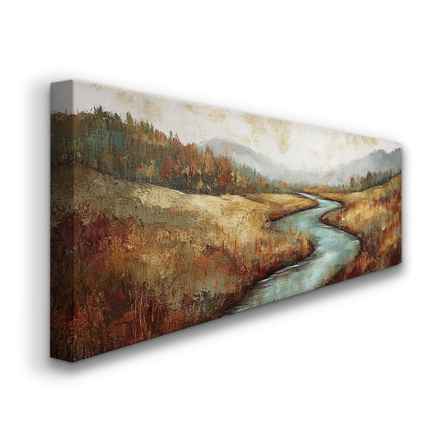 Serene River Landscape Canvas Art | Impasto Impressionism Print | Transitional Wall Art For Living Room Panoramic Wall Art