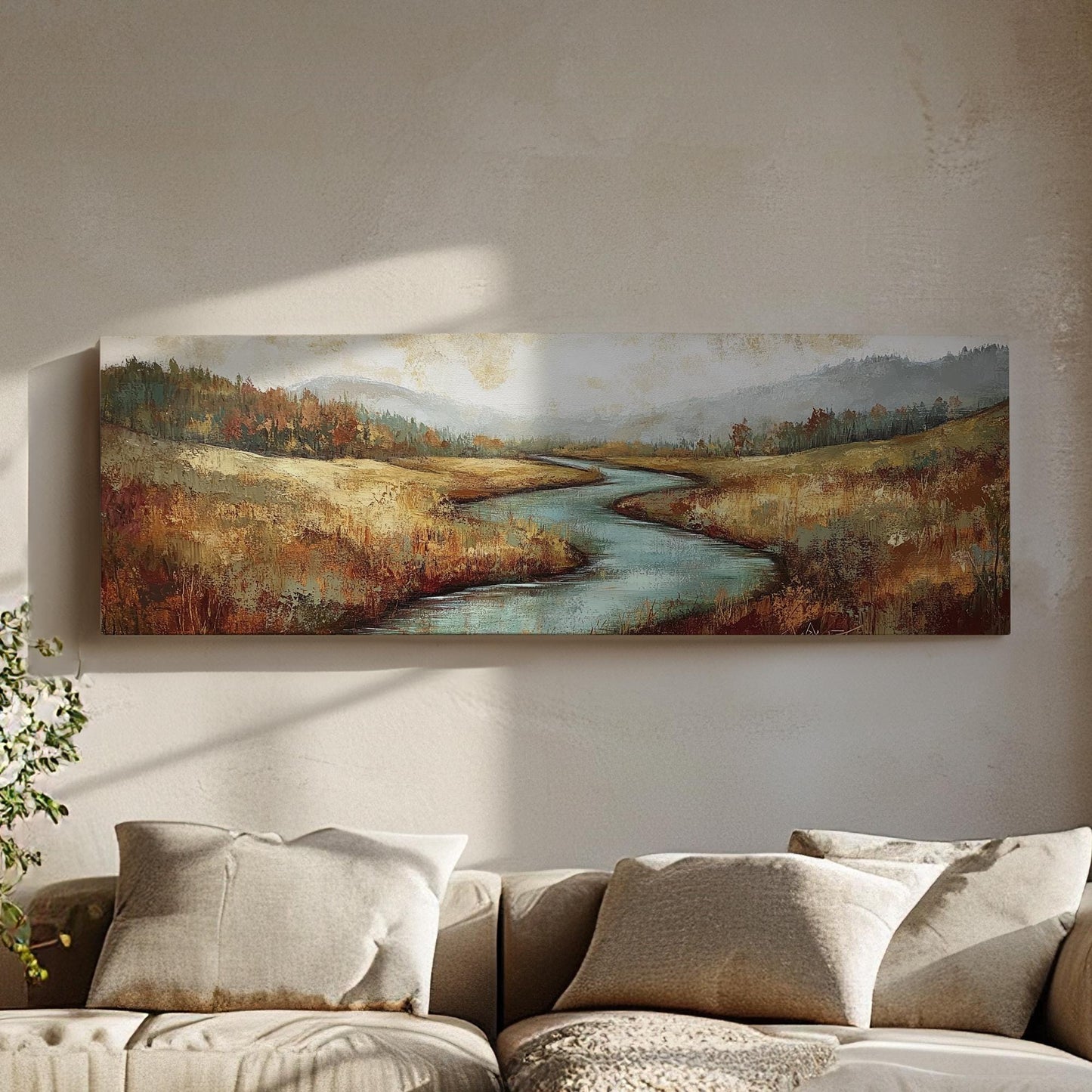 Serene River Landscape Canvas Art | Impasto Impressionism Print | Transitional Wall Art For Living Room Panoramic Wall Art