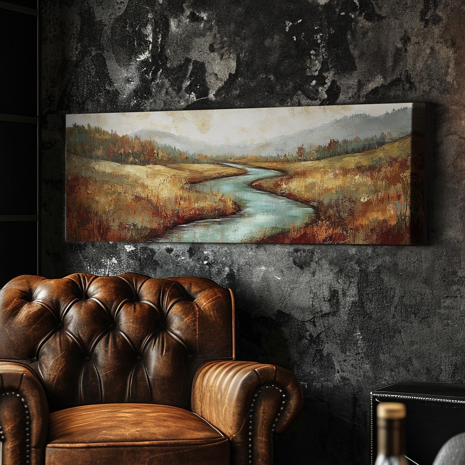 Serene River Landscape Canvas Art | Impasto Impressionism Print | Transitional Wall Art For Living Room Panoramic Wall Art