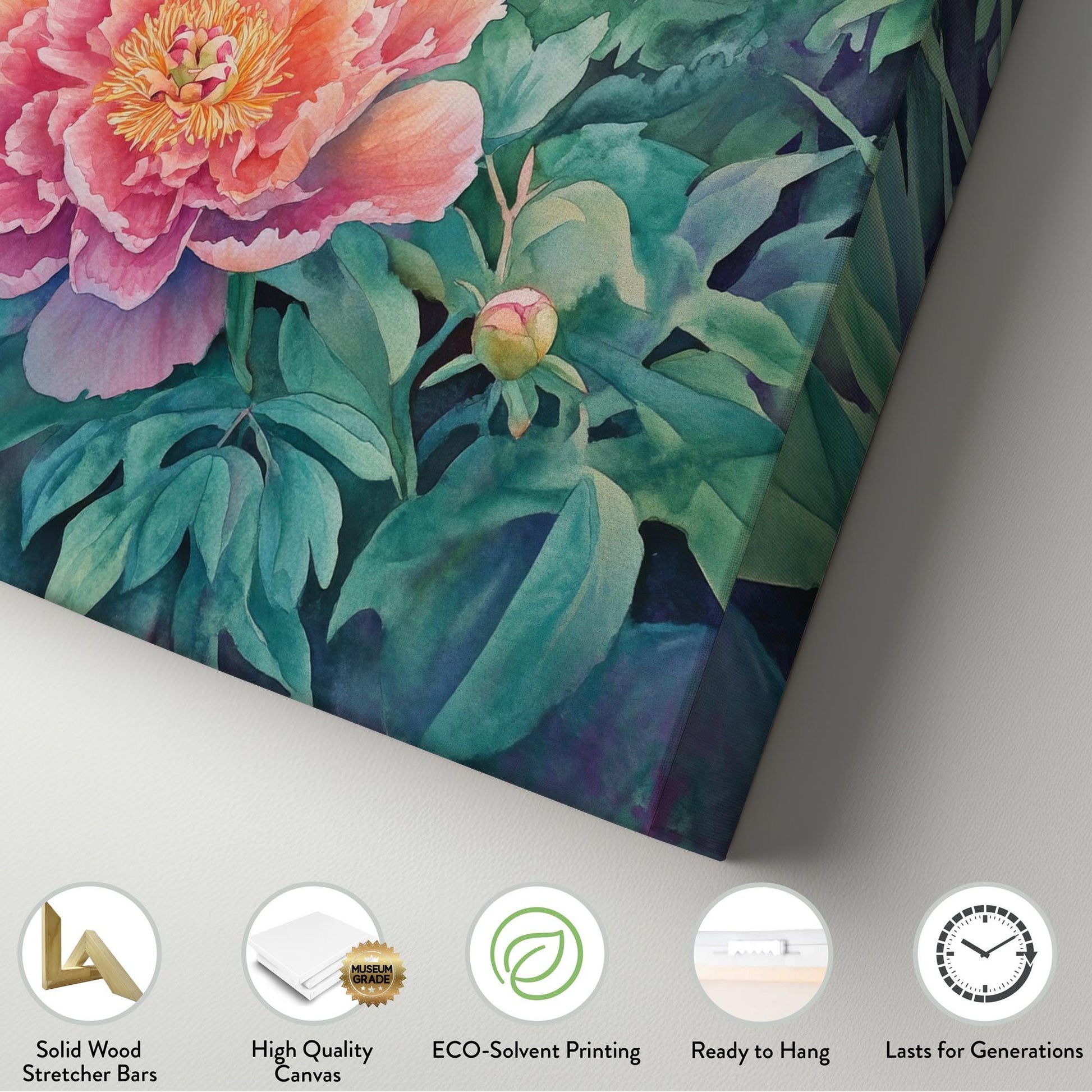 Serene Peonies Canvas Art | Watercolor Botanical Print | Bohemian Modern Wall Art For Living Room | Blush Pink Jade Art Horizontal Art
