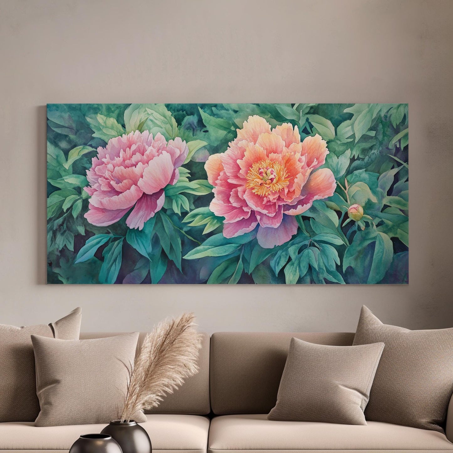 Serene Peonies Canvas Art | Watercolor Botanical Print | Bohemian Modern Wall Art For Living Room | Blush Pink Jade Art Horizontal Art