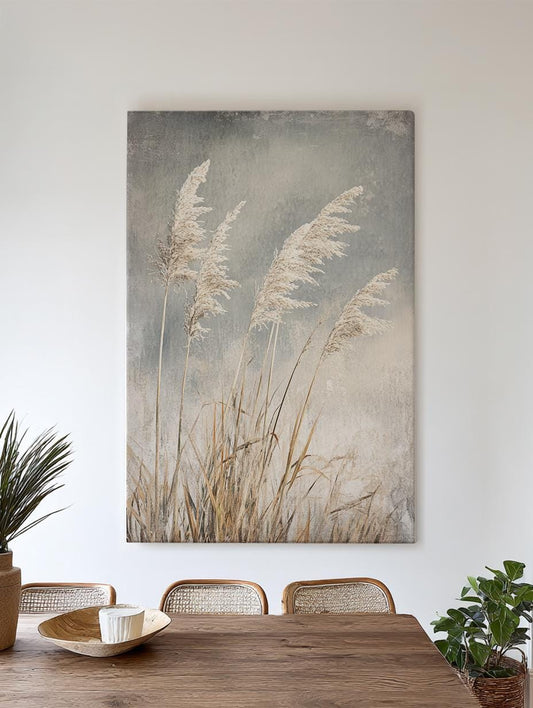 Serene Pampas Grass Canvas Art | Textured Botanical Print | Tranquil Farmhouse Wall Art For Living Room | Silver Sage Art Vertical Canvas