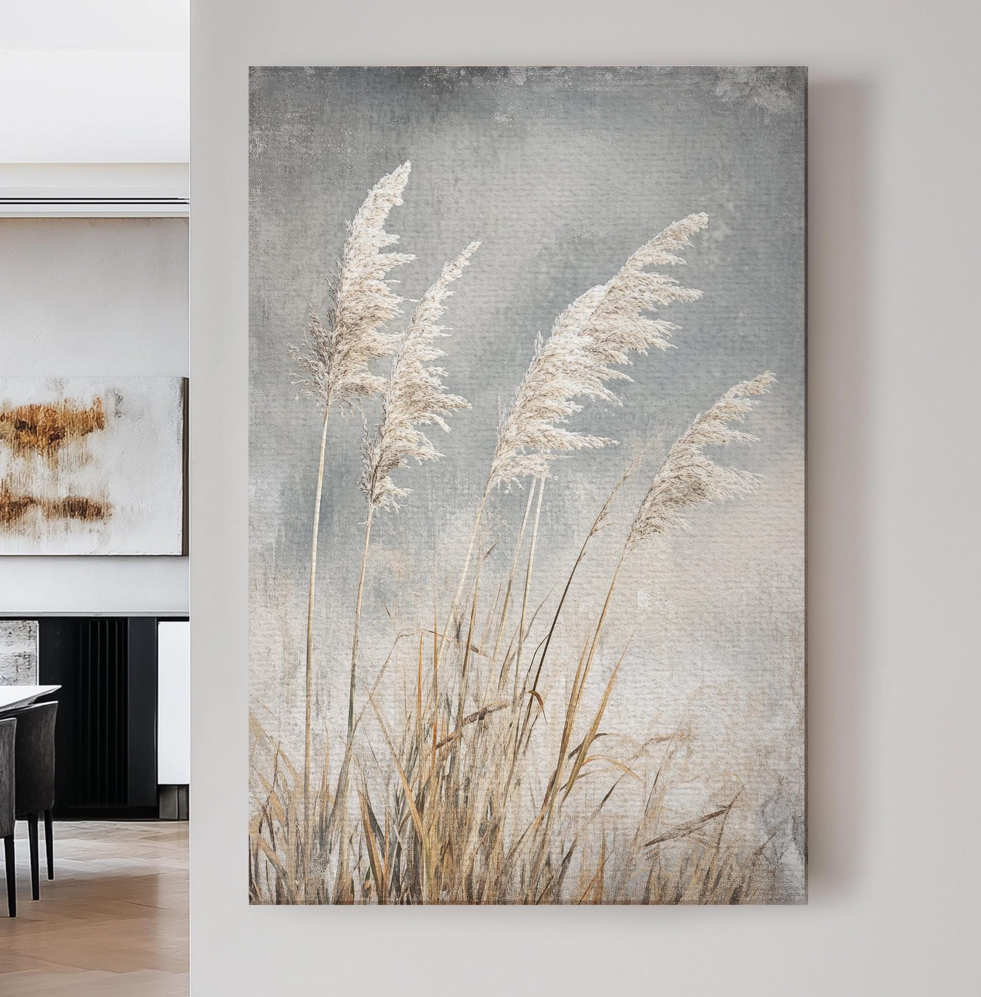 Serene Pampas Grass Canvas Art | Textured Botanical Print | Tranquil Farmhouse Wall Art For Living Room | Silver Sage Art Vertical Canvas